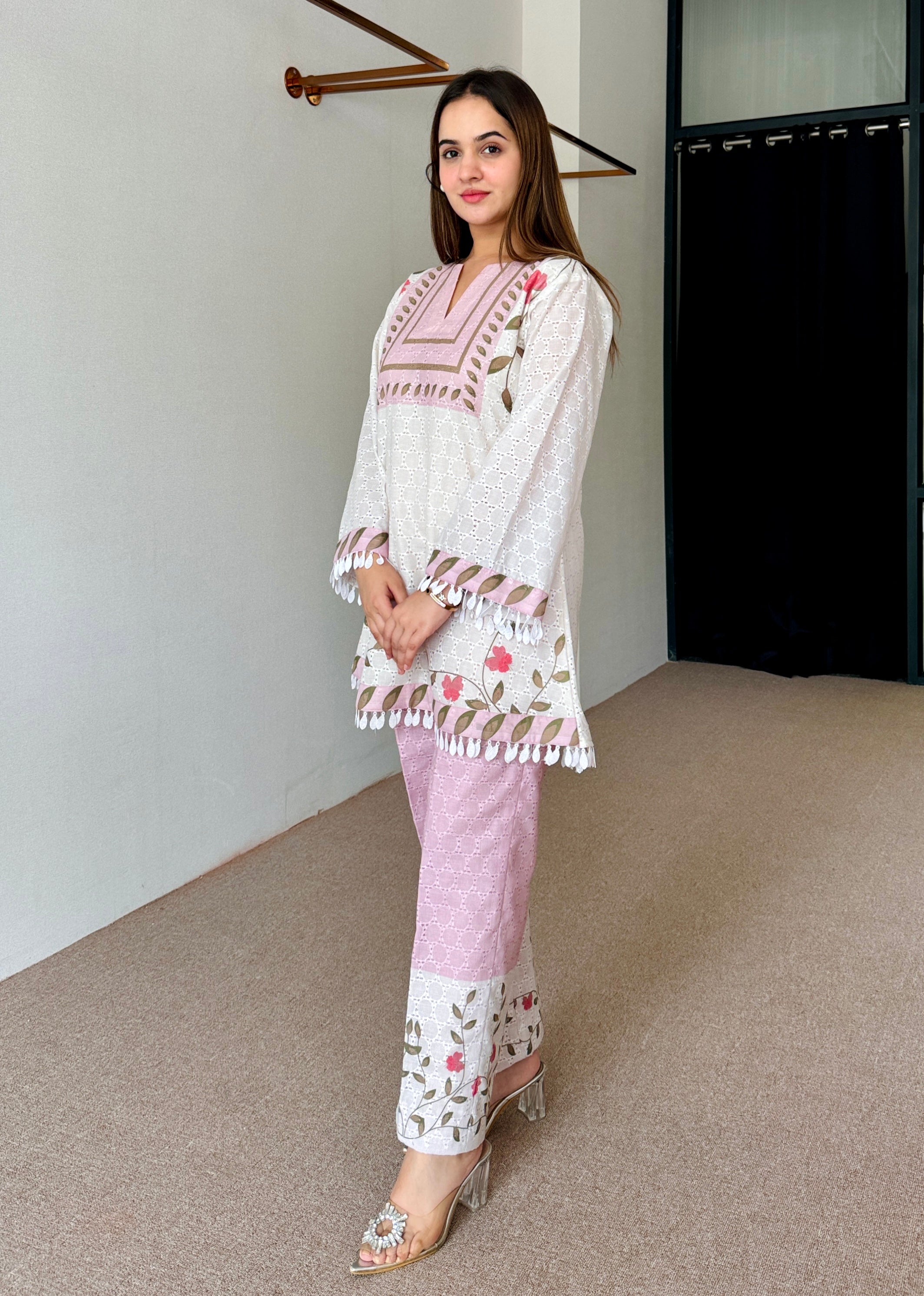 White Pink Floral Festive Kurta Set