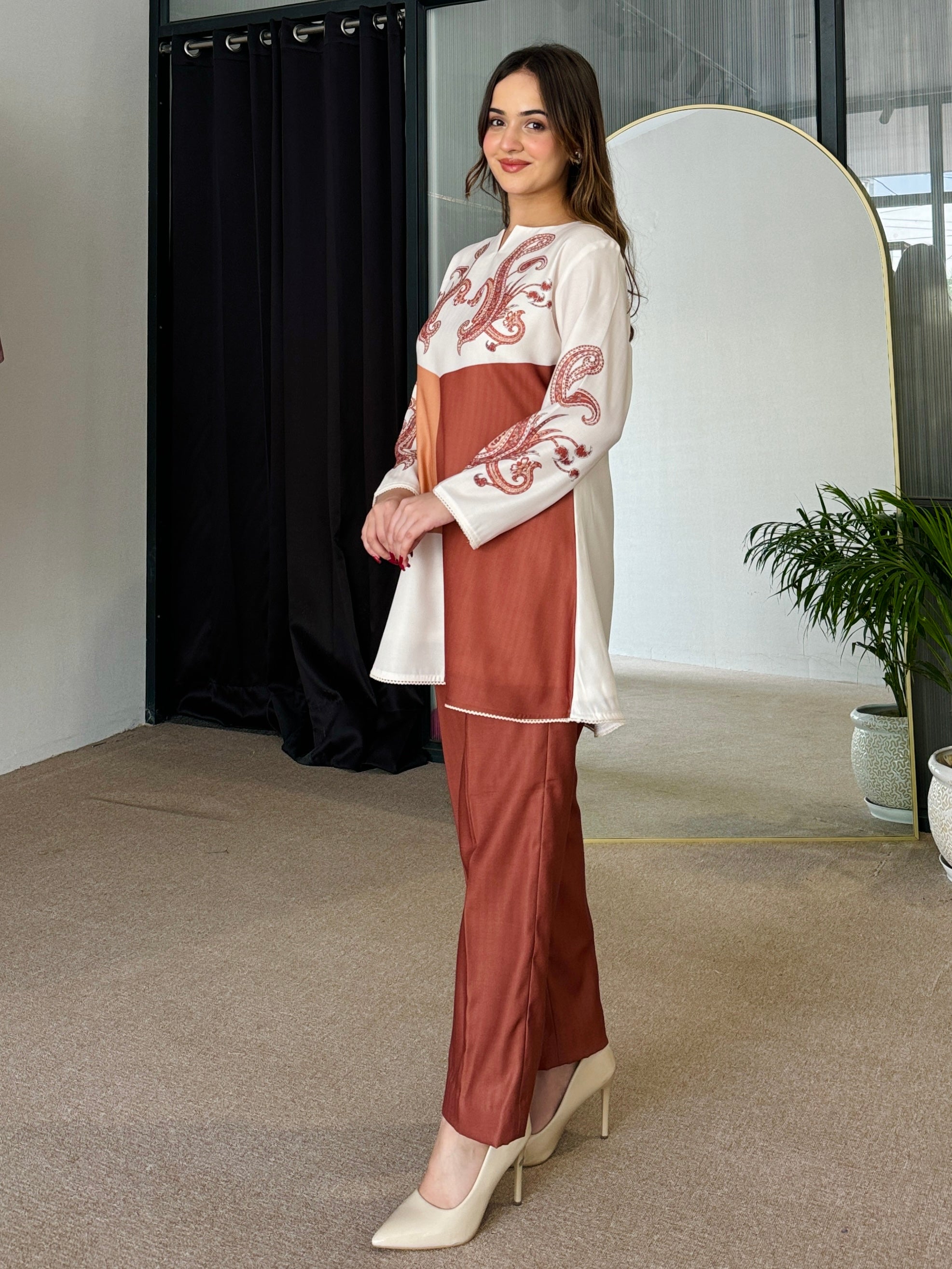 Tan Color Block Winter Kurta Set