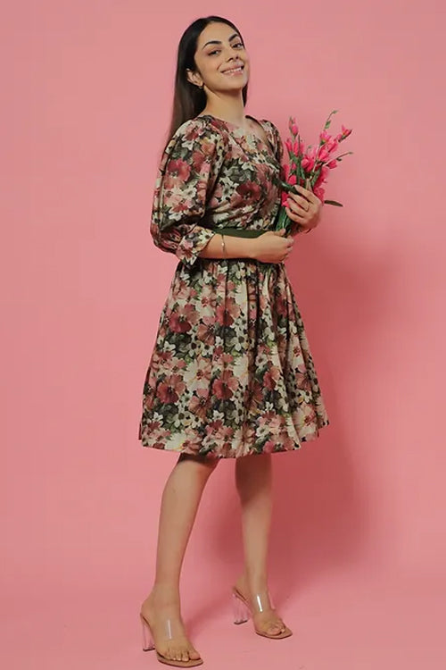 Green Pastel Floral Summer Midi Dress With Belt
