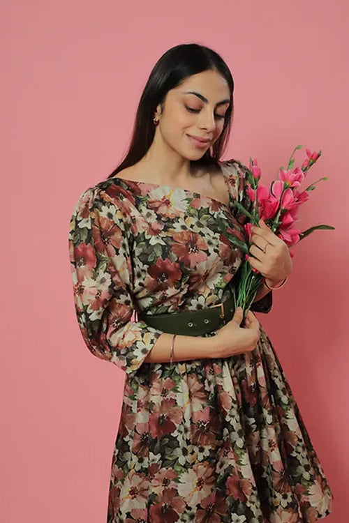 Green Pastel Floral Summer Midi Dress With Belt