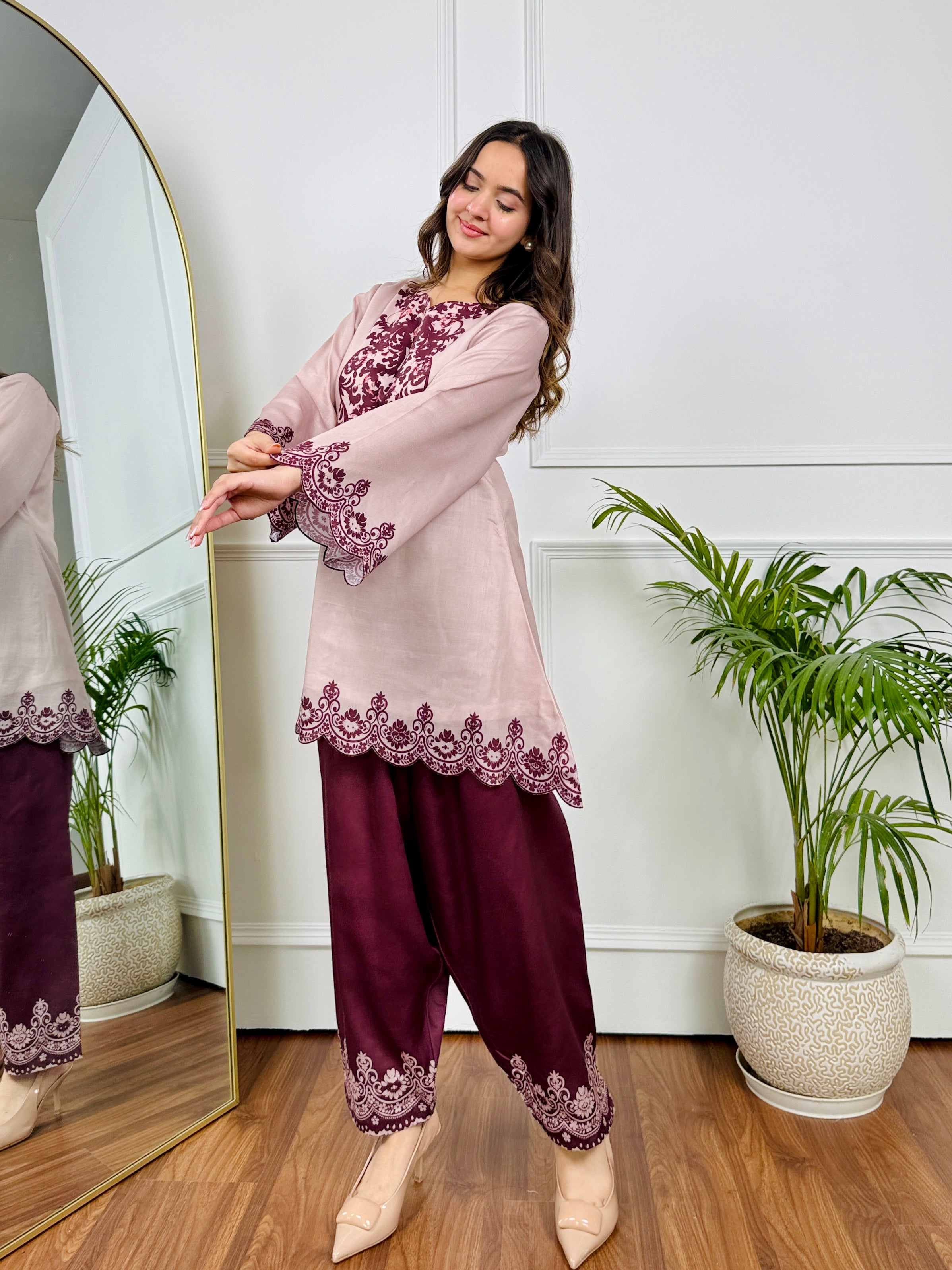 Beige Maroon Embroidered Kurta Set