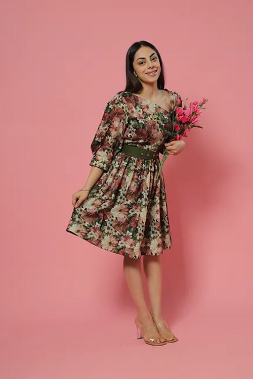 Green Pastel Floral Summer Midi Dress With Belt