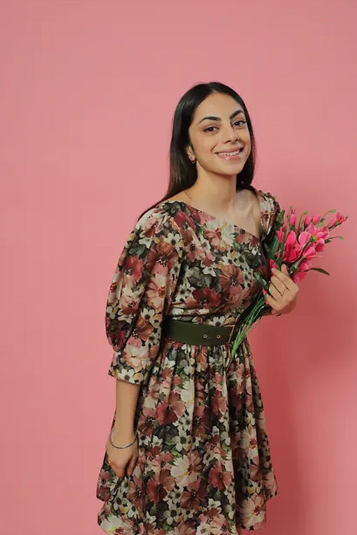 Green Pastel Floral Summer Midi Dress With Belt