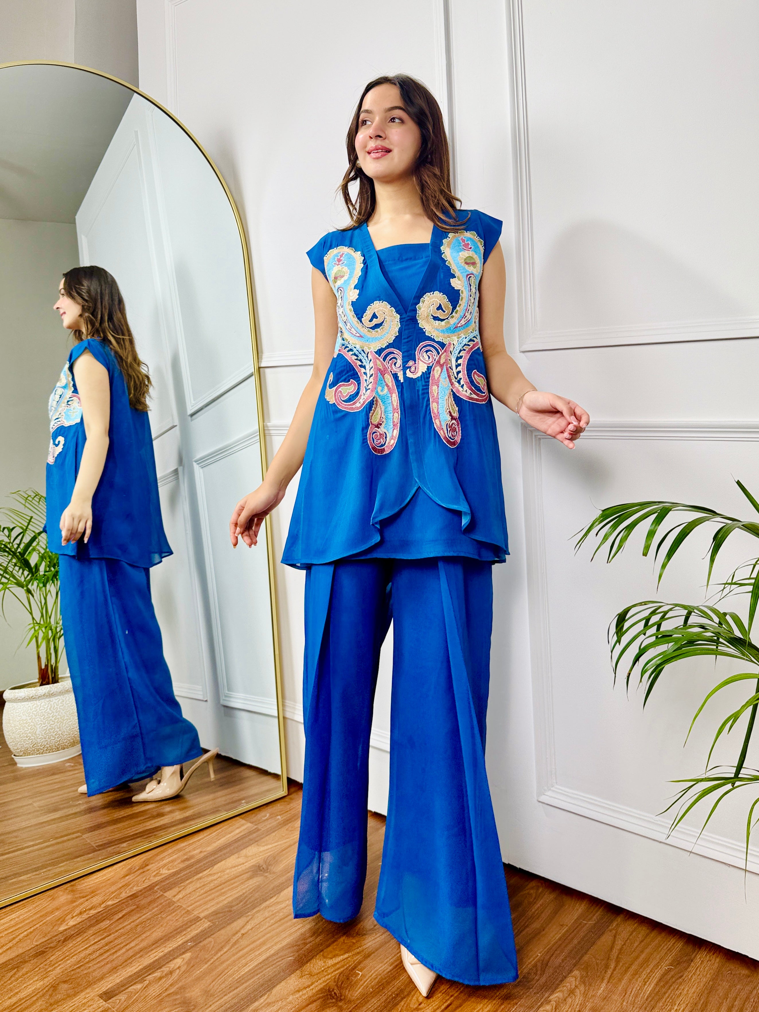 Blue Embroidered Festive 3 Piece Set