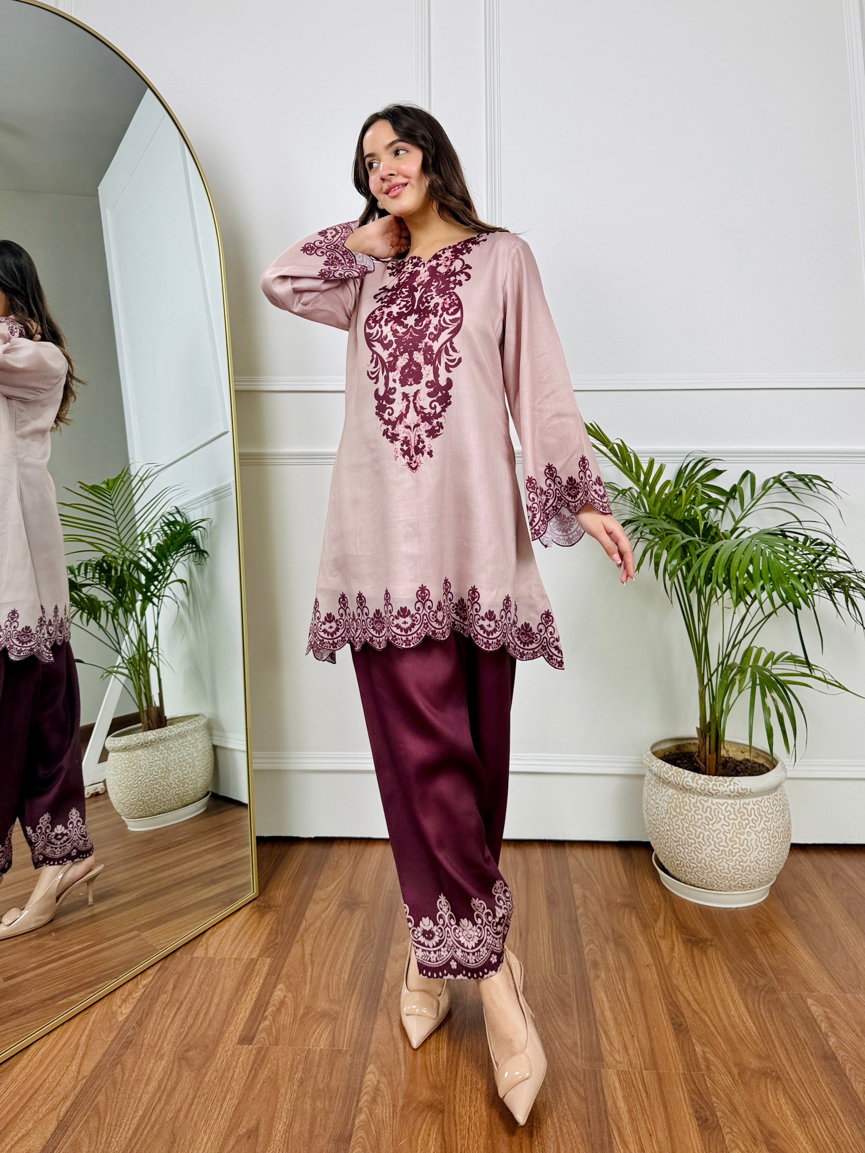 Beige Maroon Embroidered Kurta Set