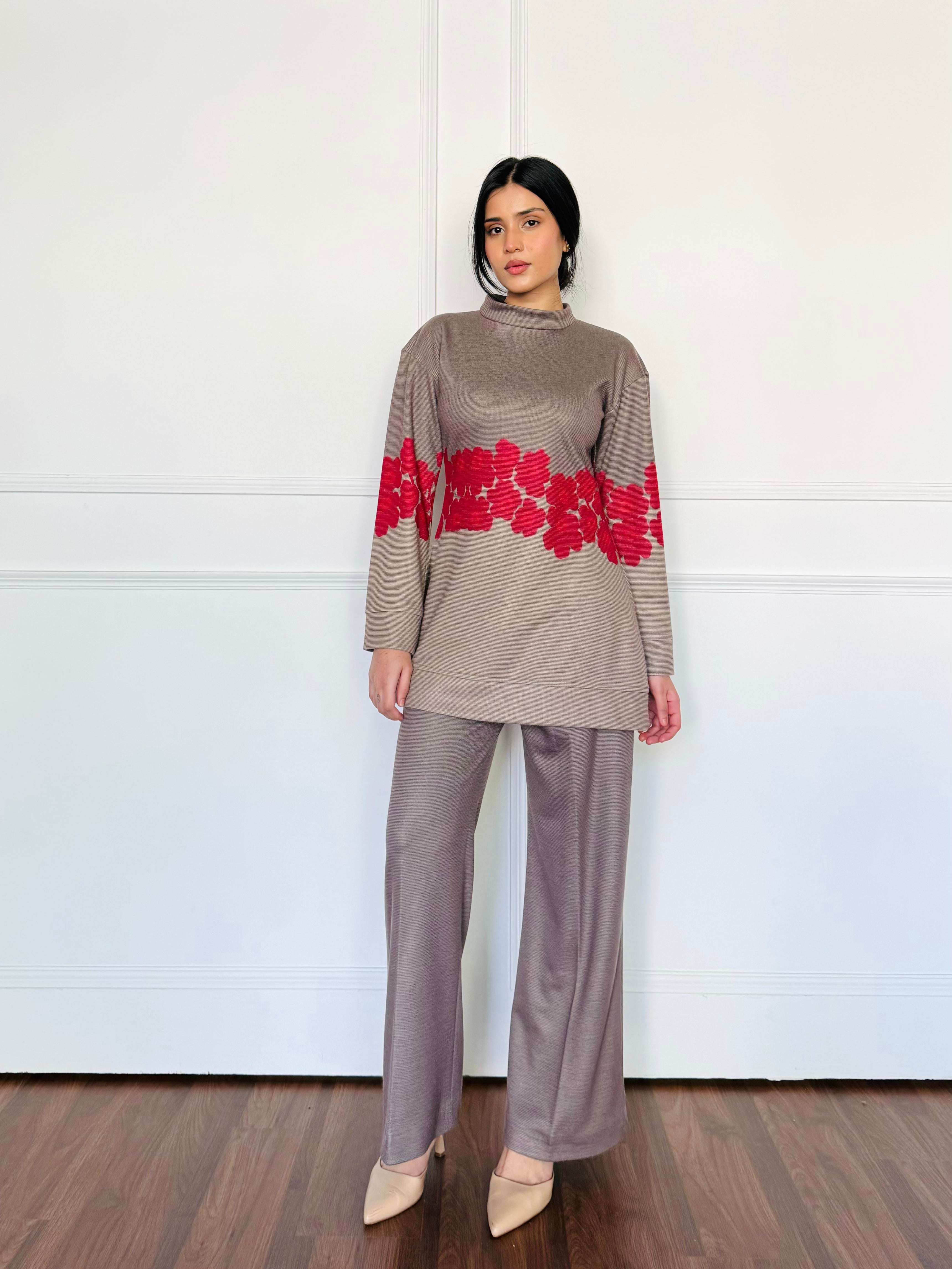 Two-Tone Gray Floral Woollen Co-ord Set