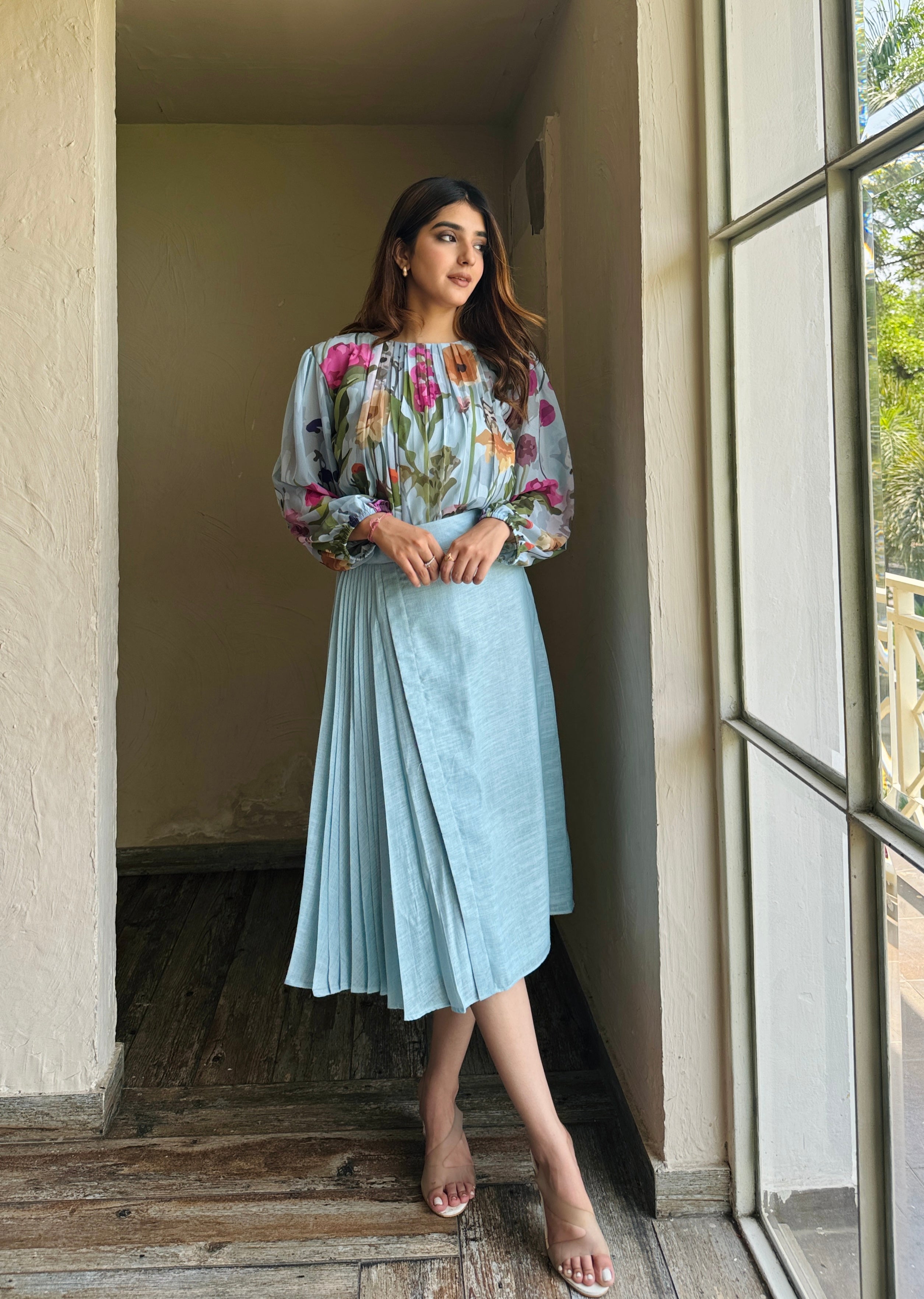 Blue Floral Pleated Top