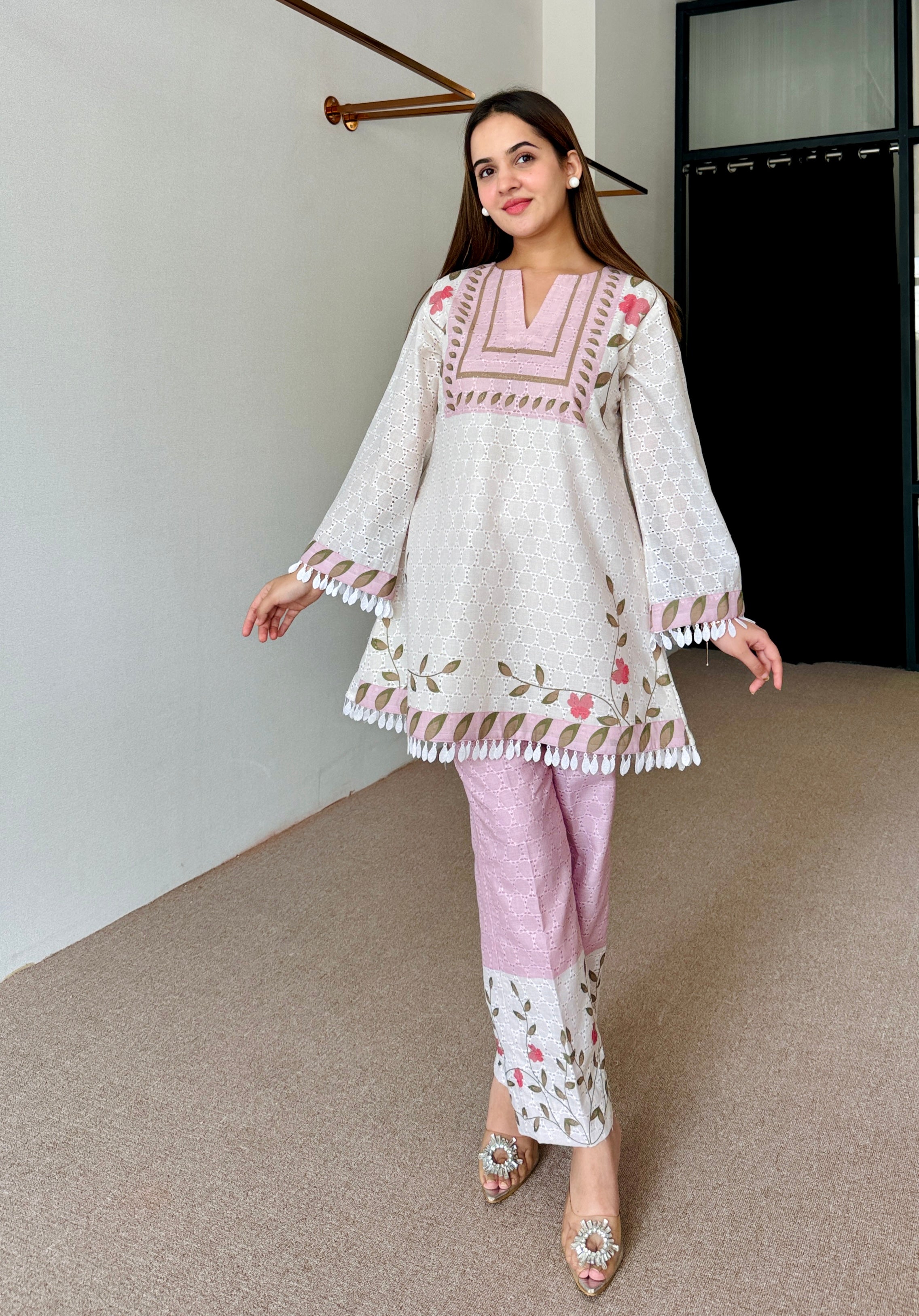 White Pink Floral Festive Kurta Set