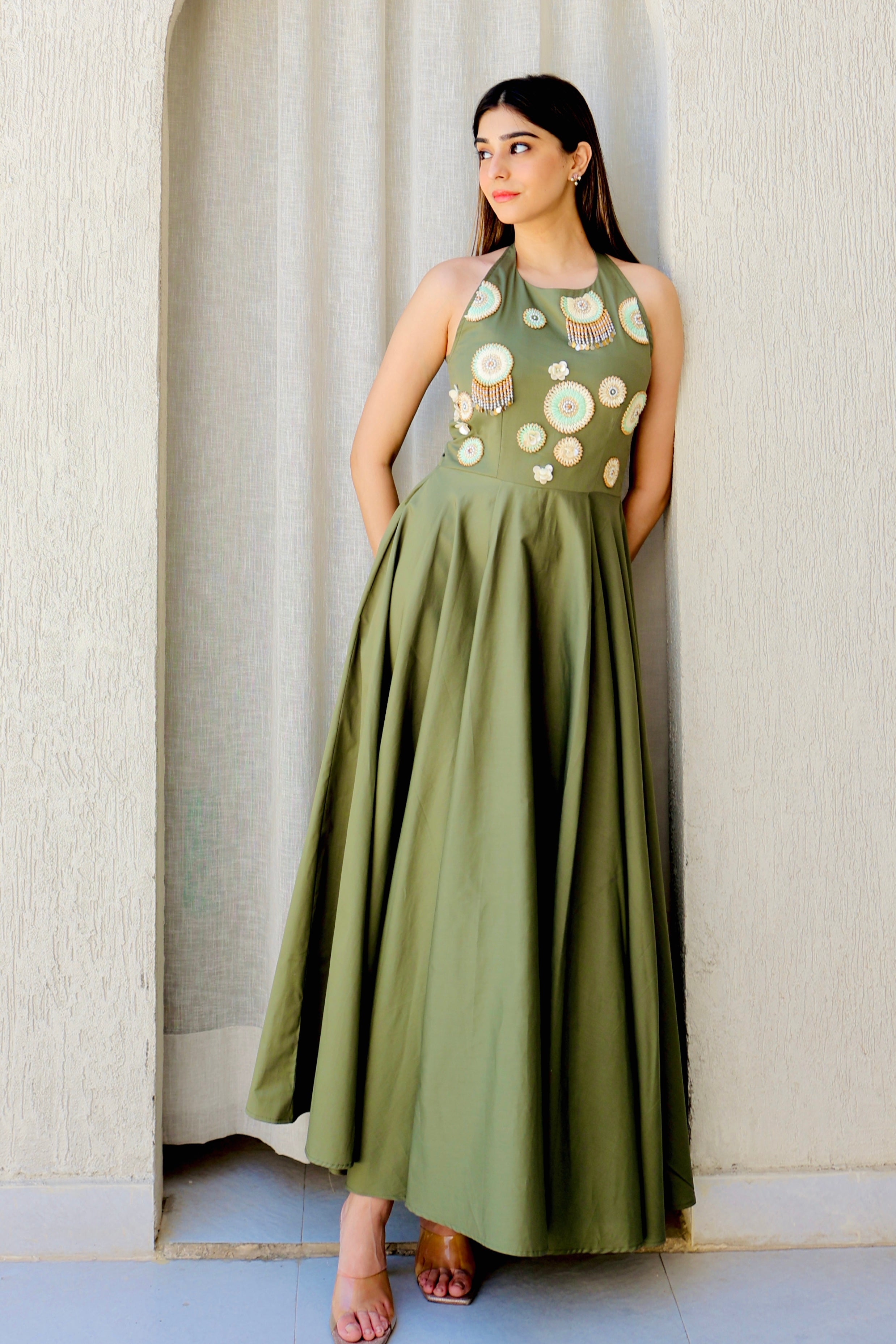 Olive Hand Embroidered Summer Dress