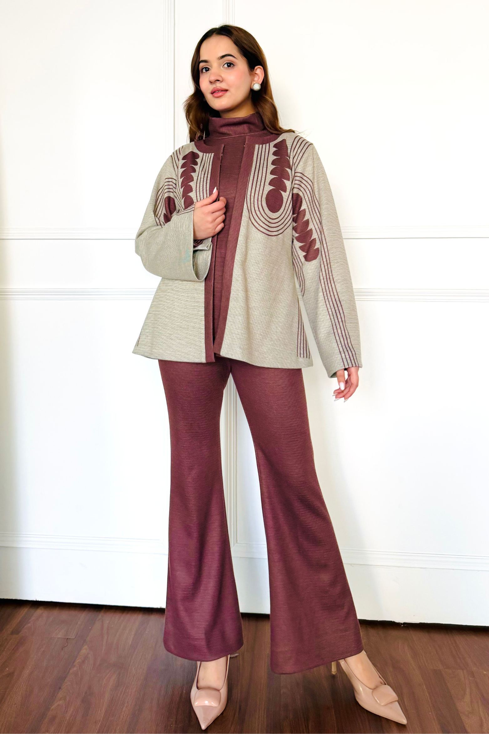 Beige Brown Woollen 3 Piece Set