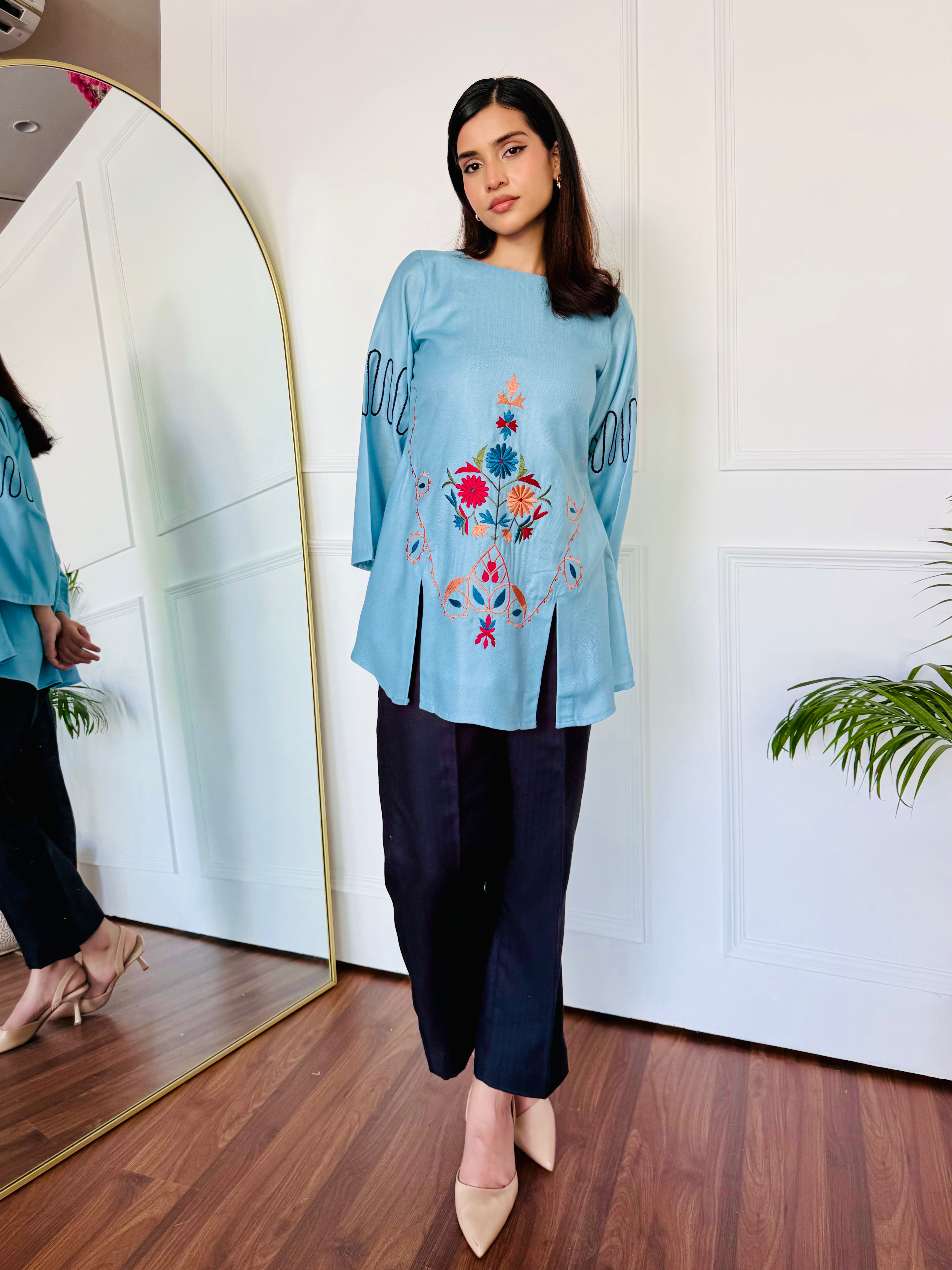 Blue & Black Embroidered Kurta Set