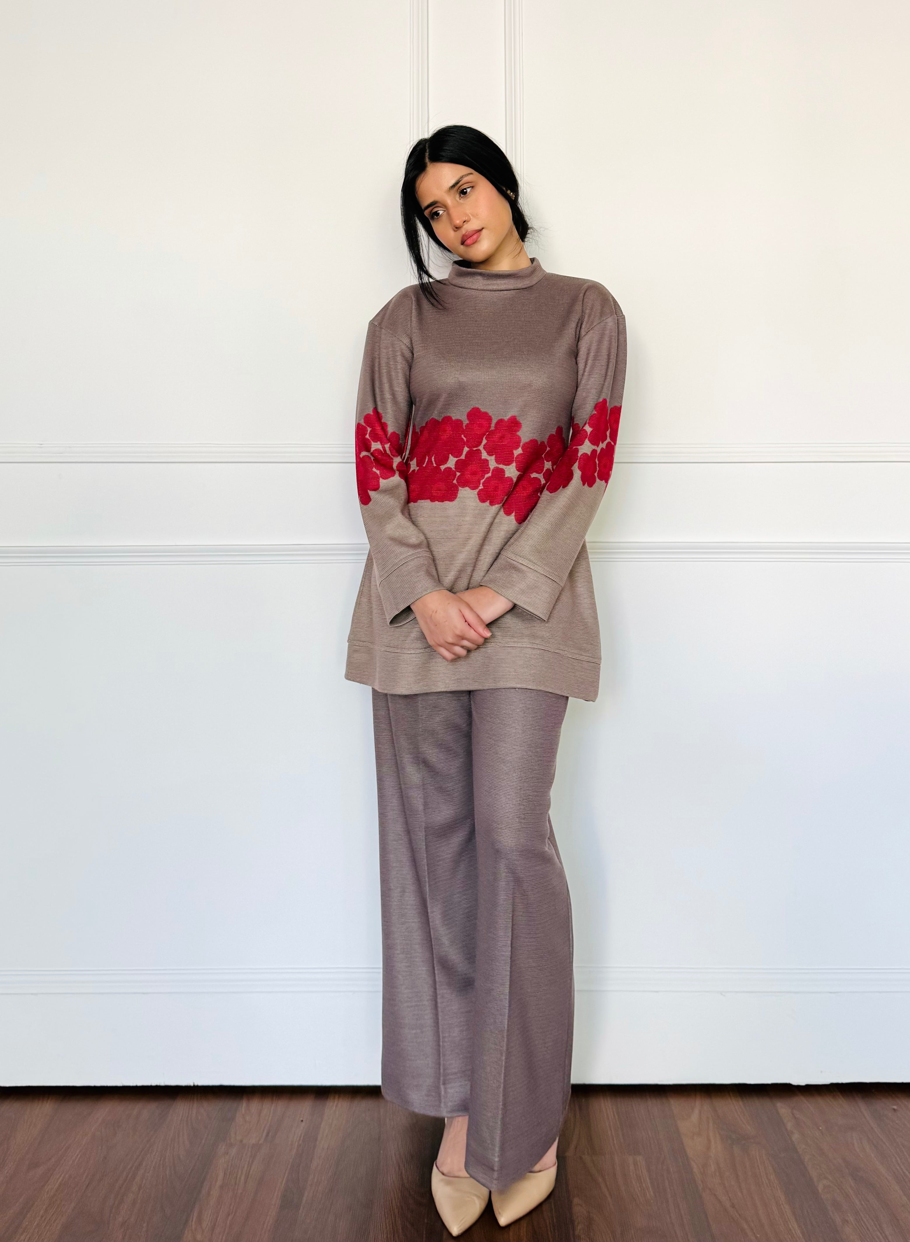 Two-Tone Gray Floral Woollen Co-ord Set