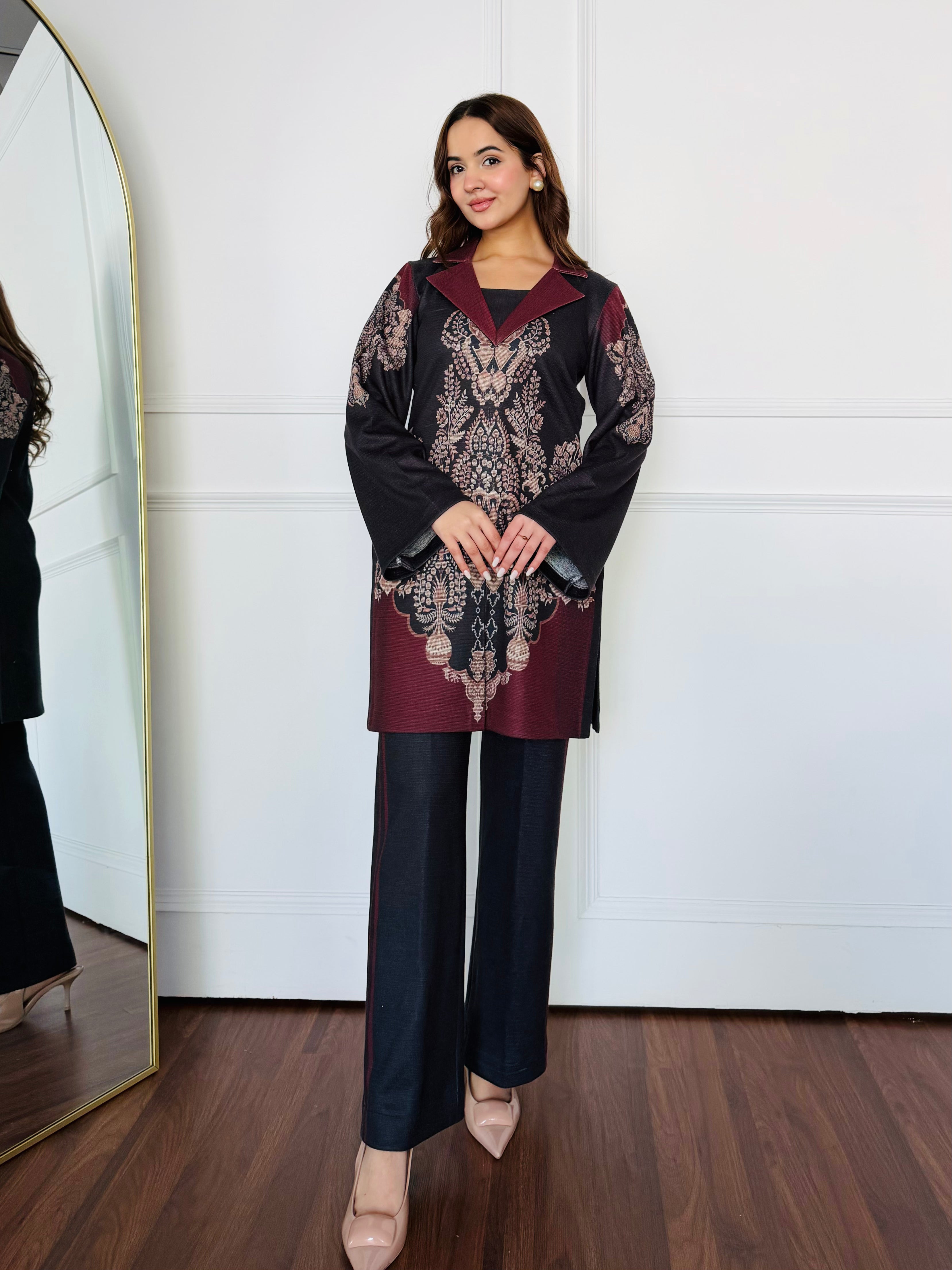 Black & Red Woollen Kurta Set