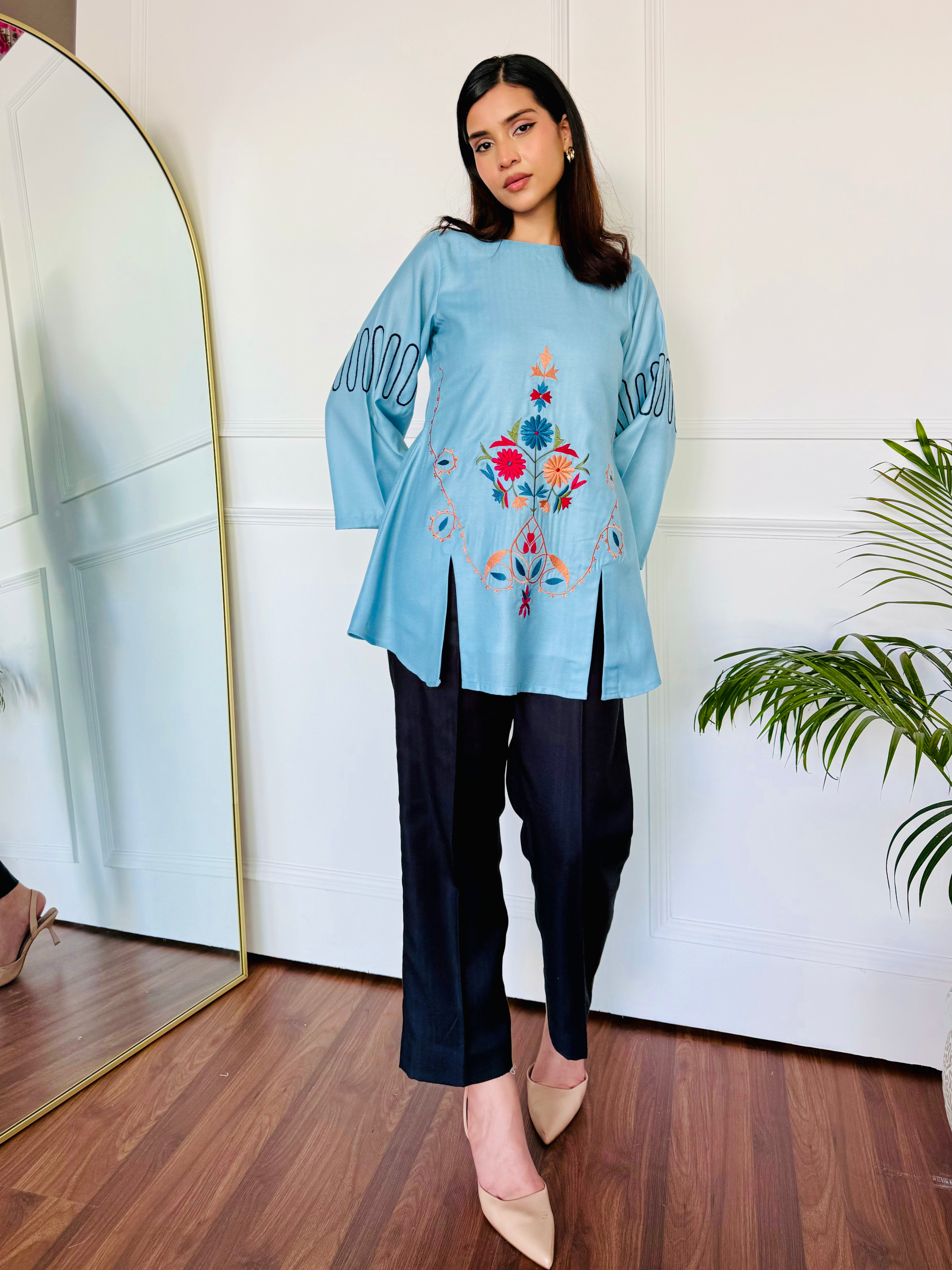 Blue & Black Embroidered Kurta Set