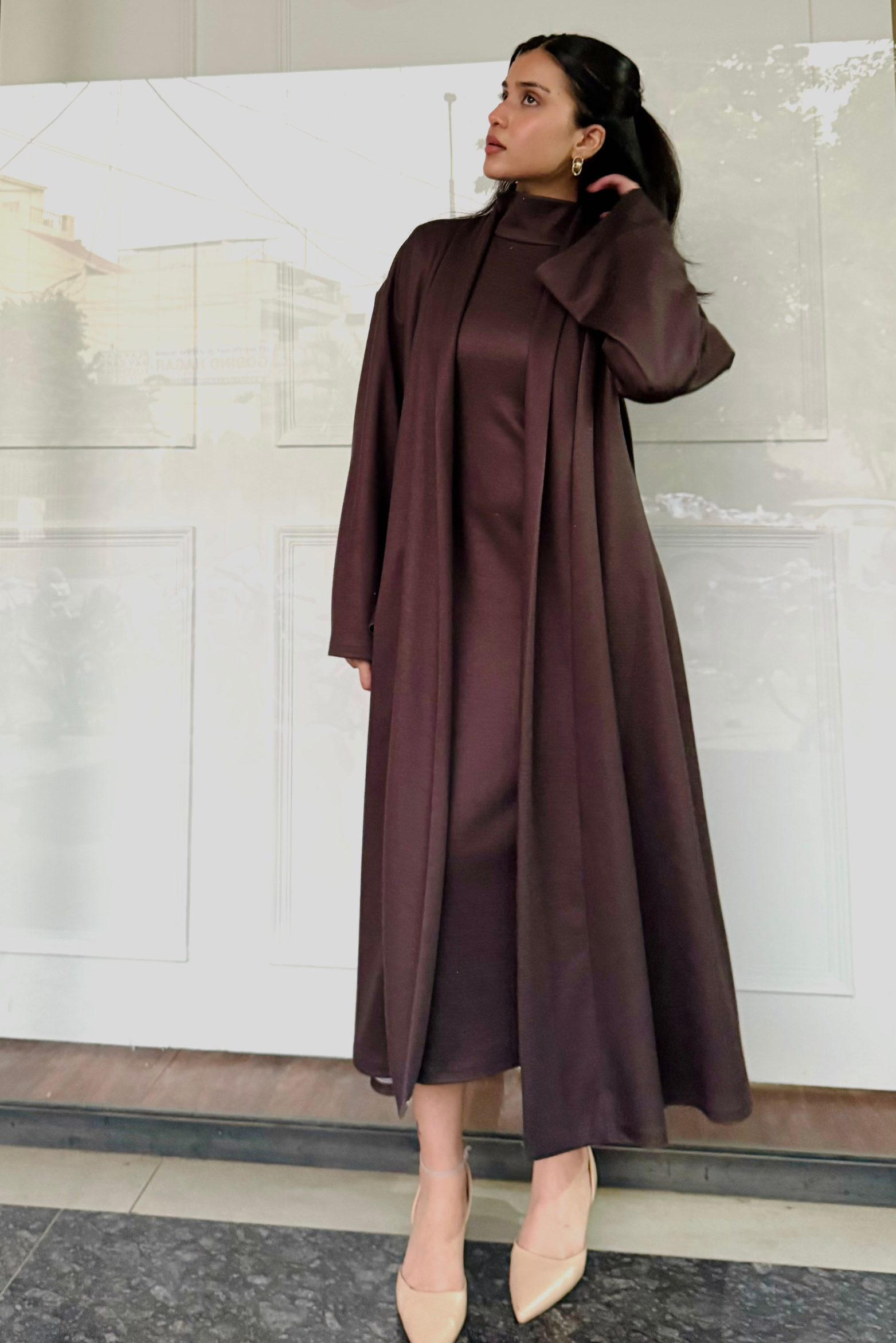 Mocha Woollen Dress with Overlay