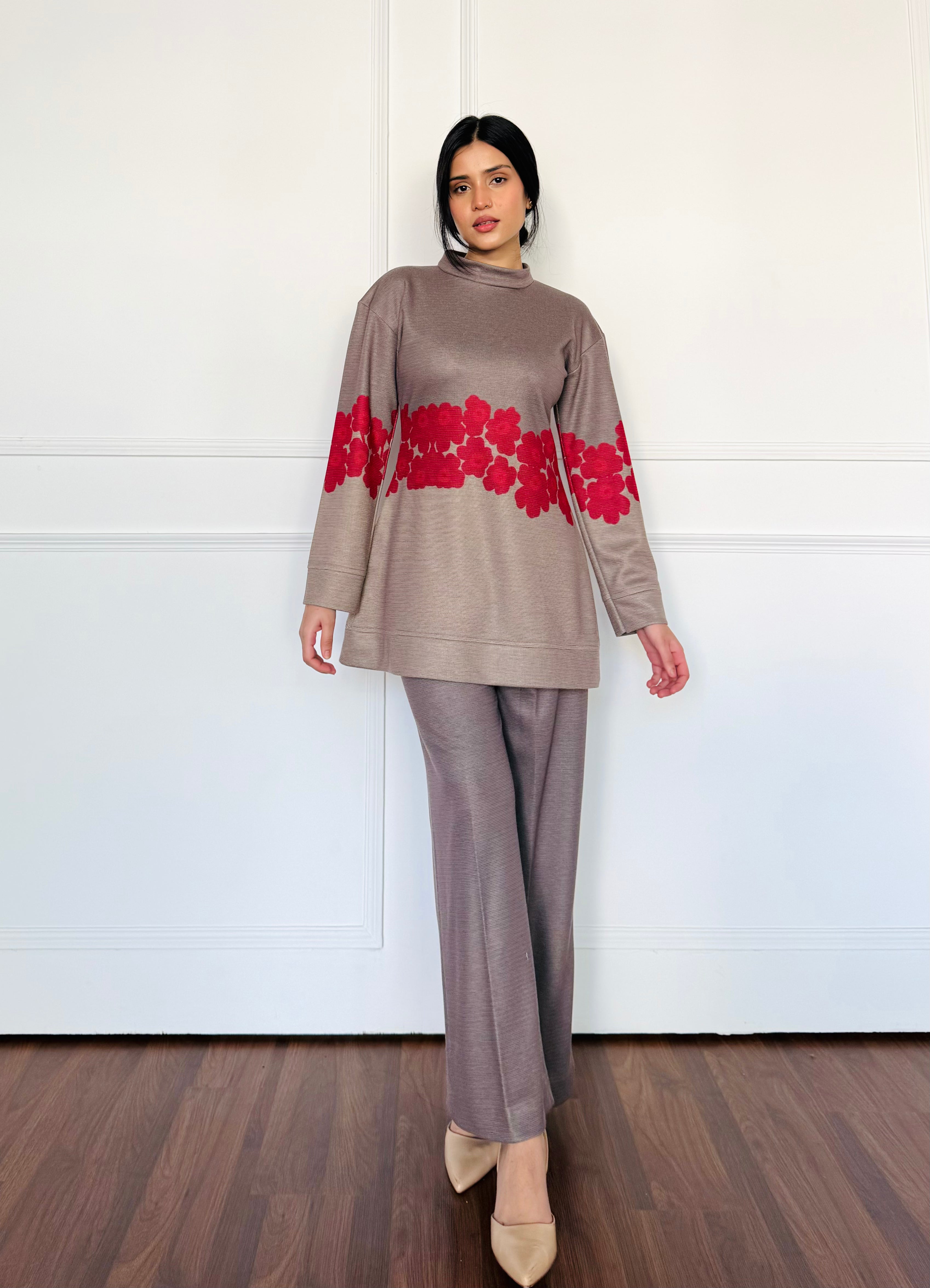 Two-Tone Gray Floral Woollen Co-ord Set