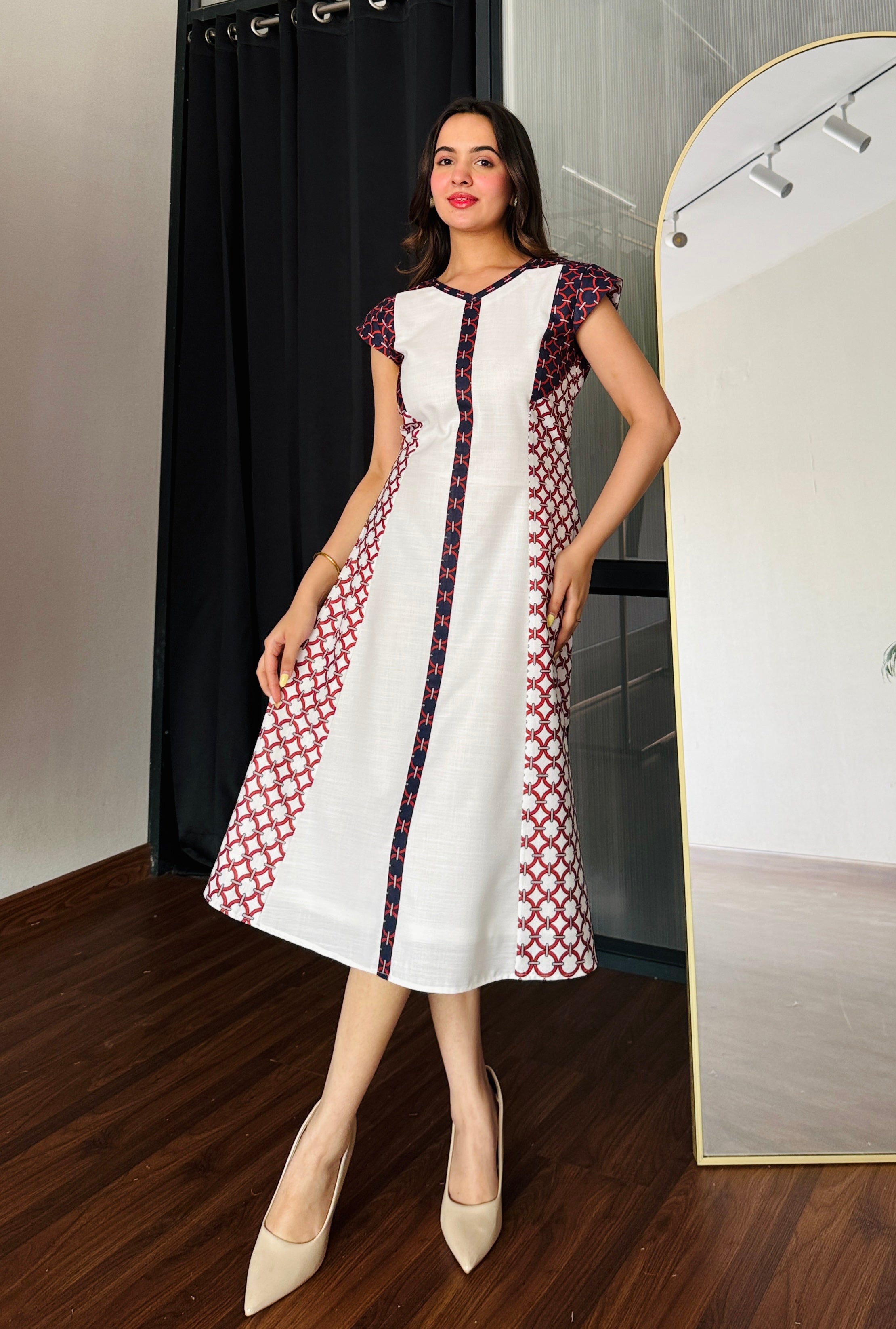 Ivory Grid Midi Dress