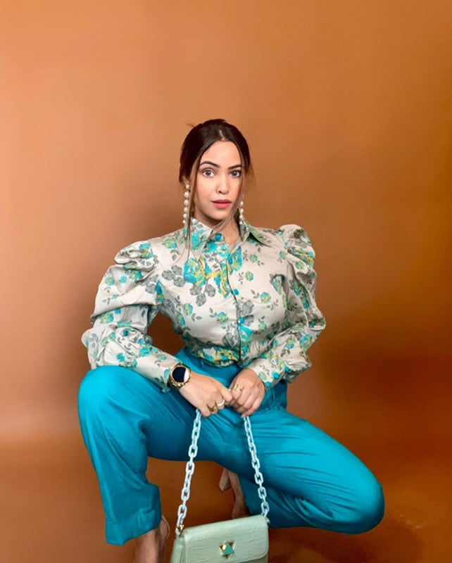 Formal Turquoise Pants With Puffy Printed Shirt
