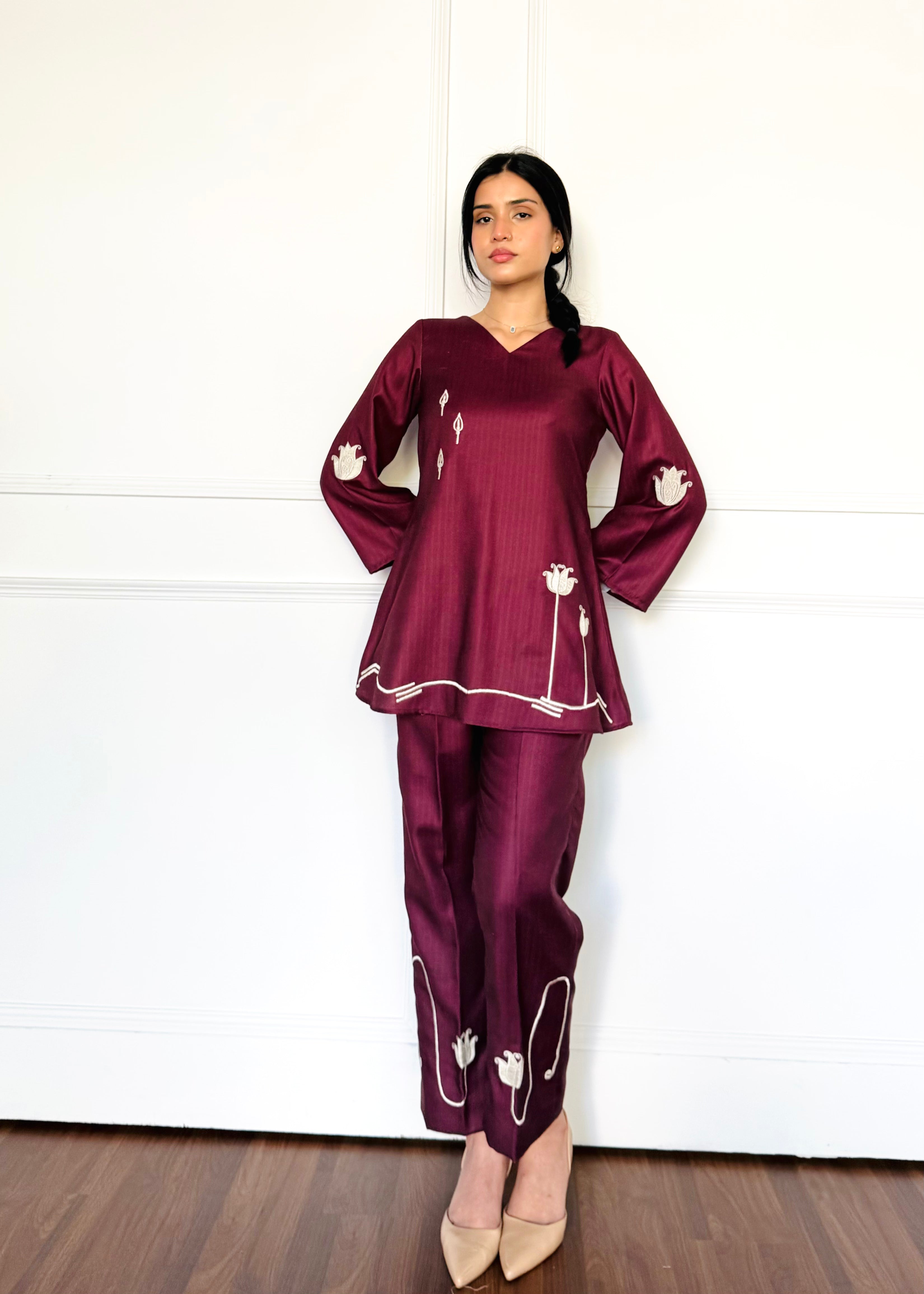 Scarlet Maroon Embroidered Co-ord Set