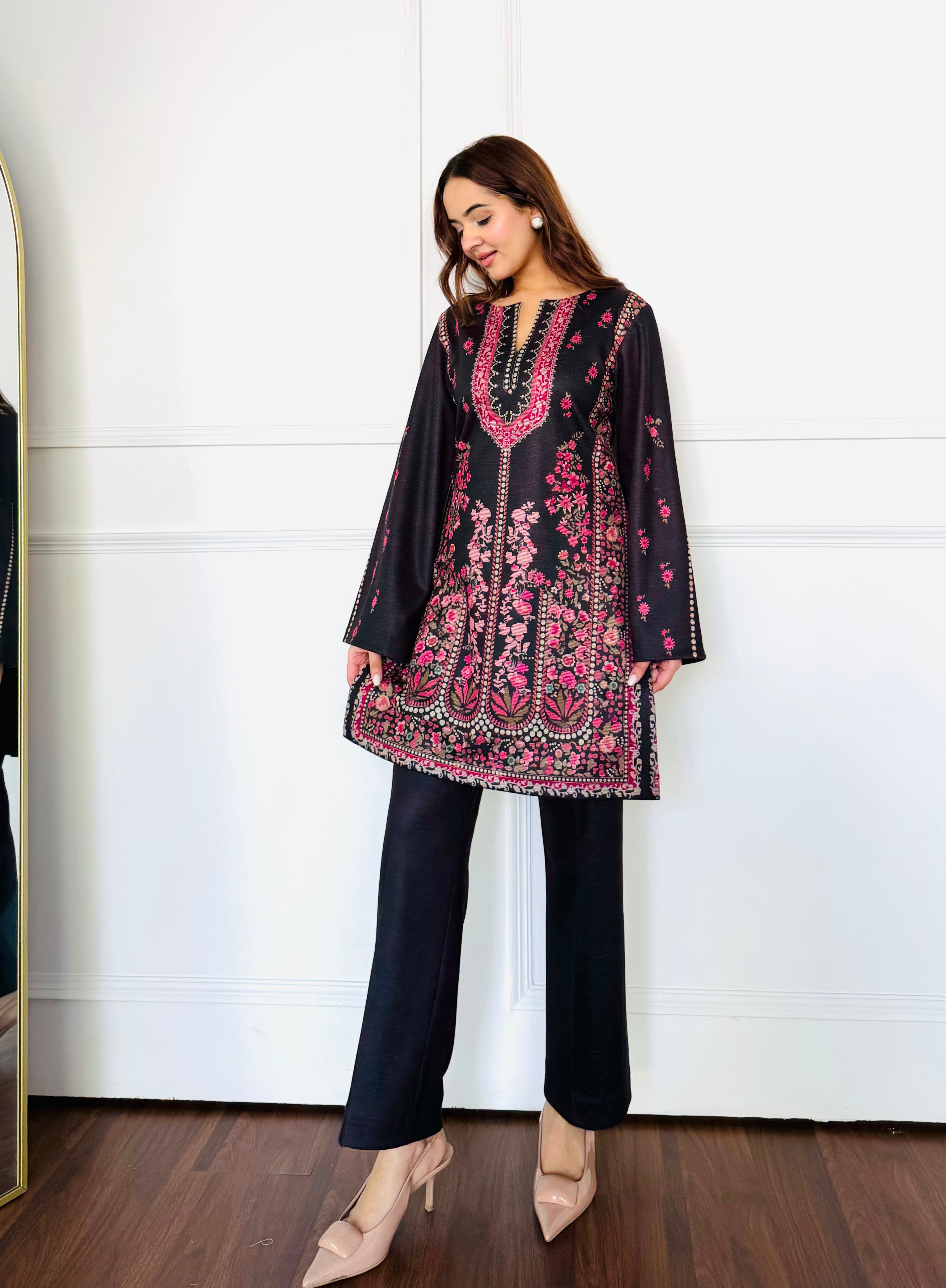 Black & Pink Woollen Kurta Set