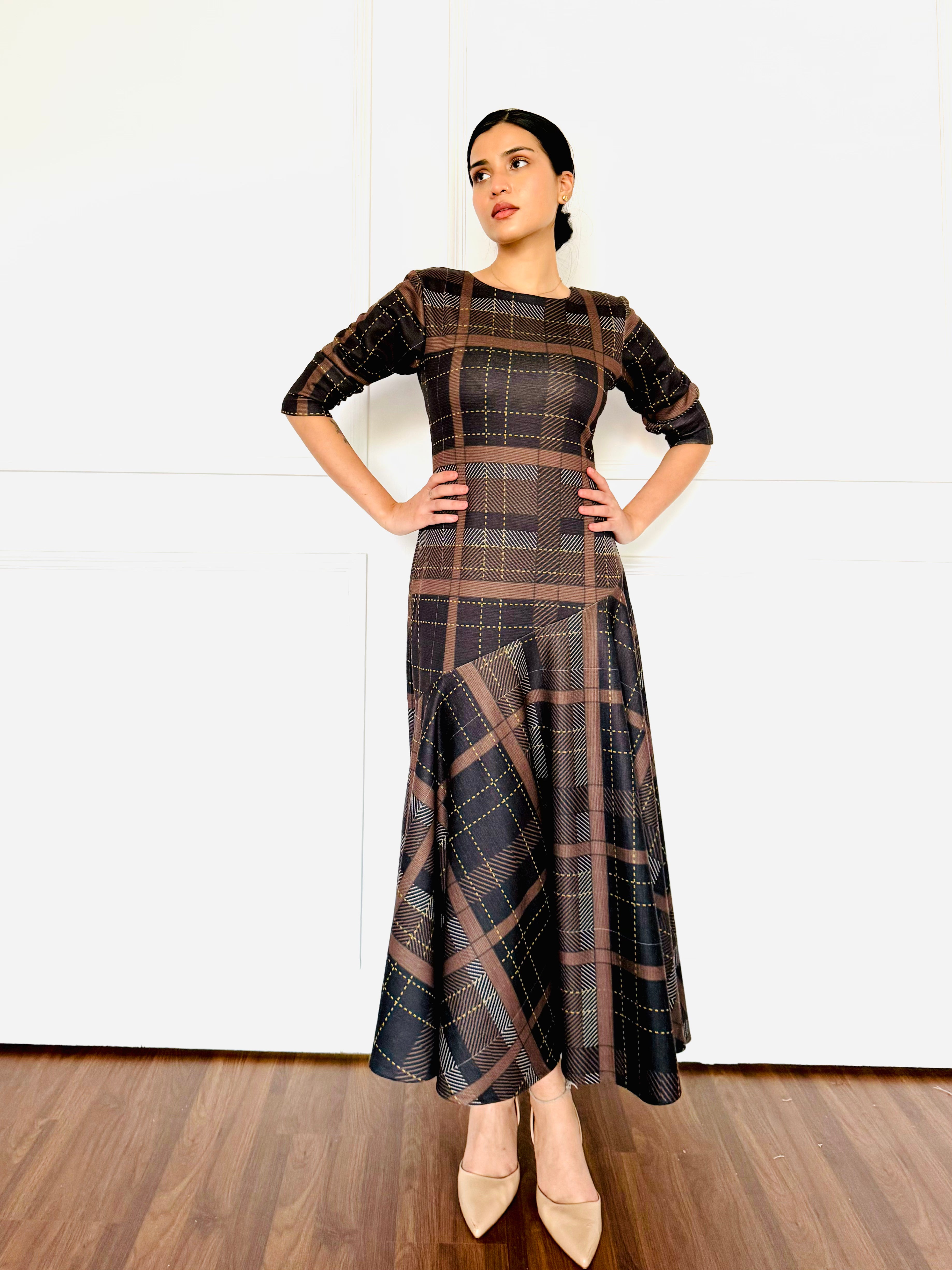 Brown Check Woollen Dress