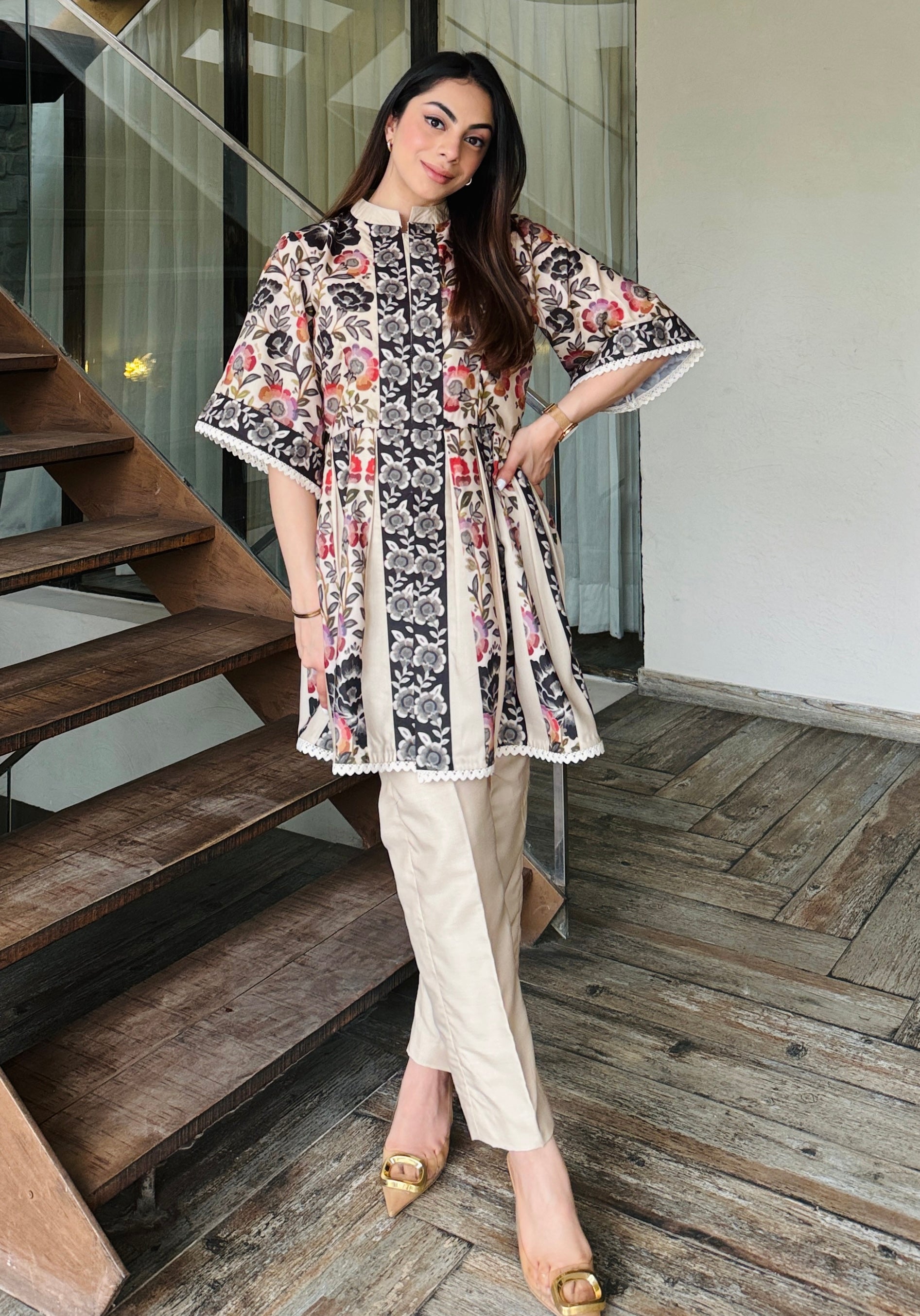 Beige Peplum Fusion Set