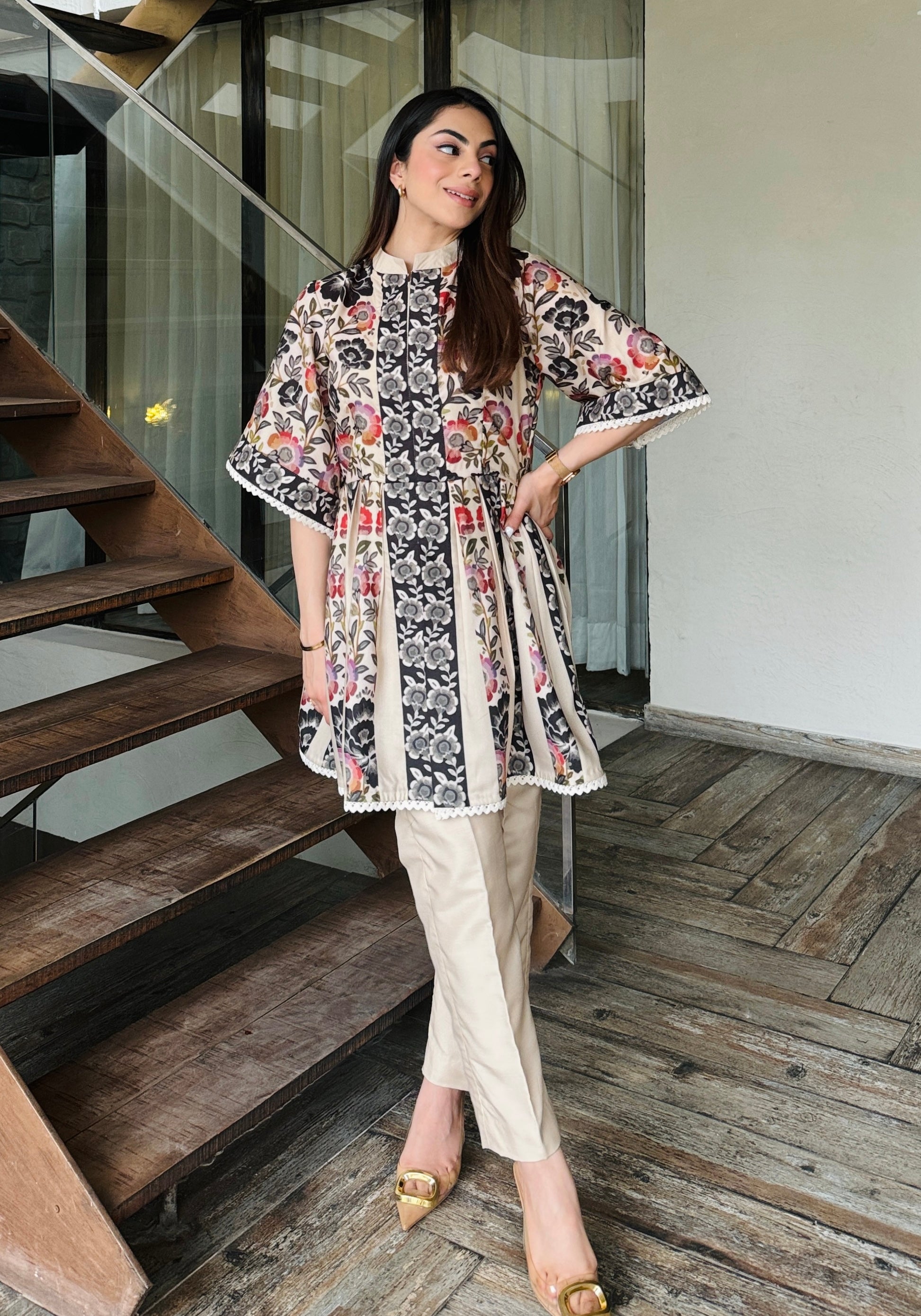 Beige Peplum Fusion Set