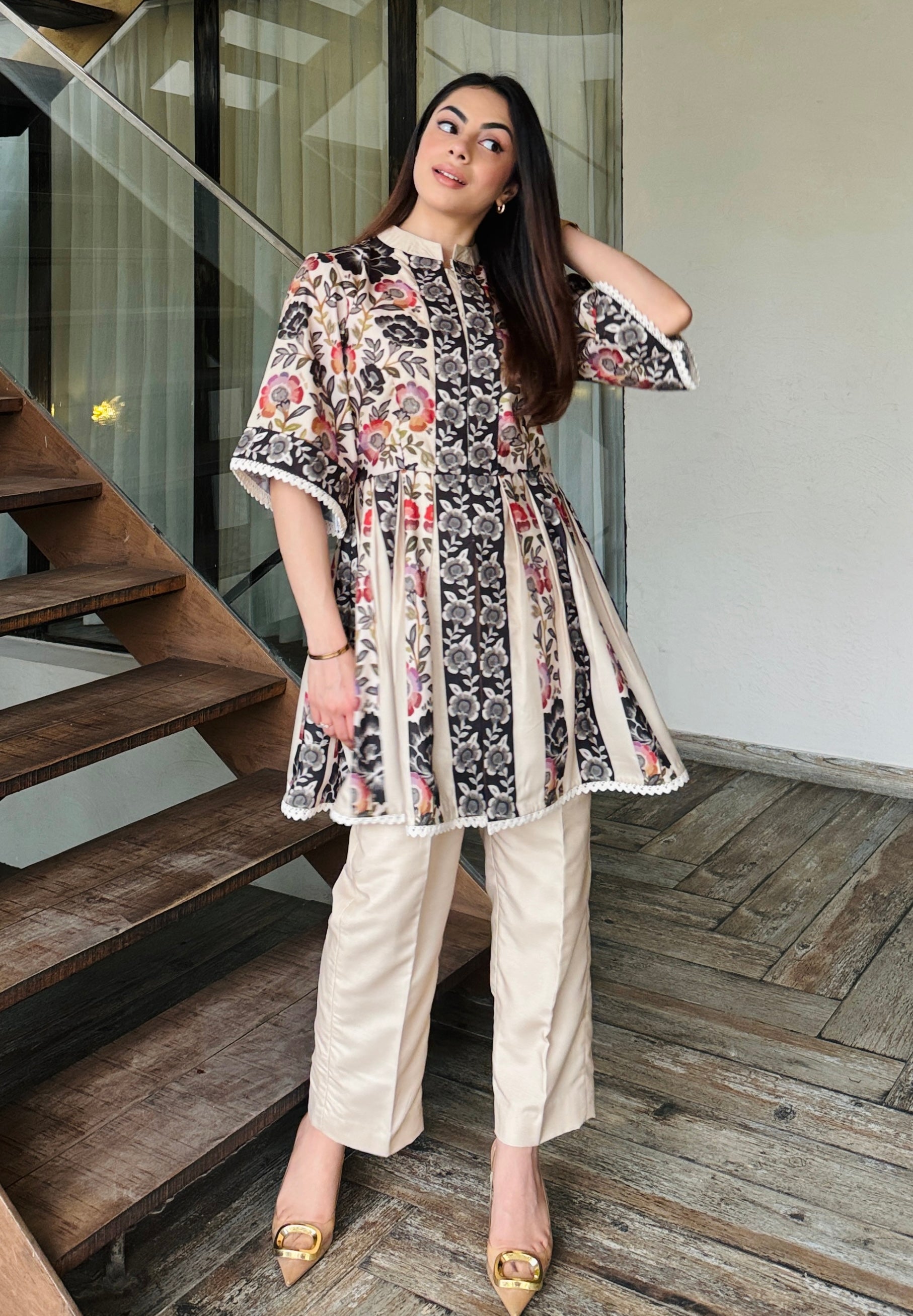 Beige Peplum Fusion Set