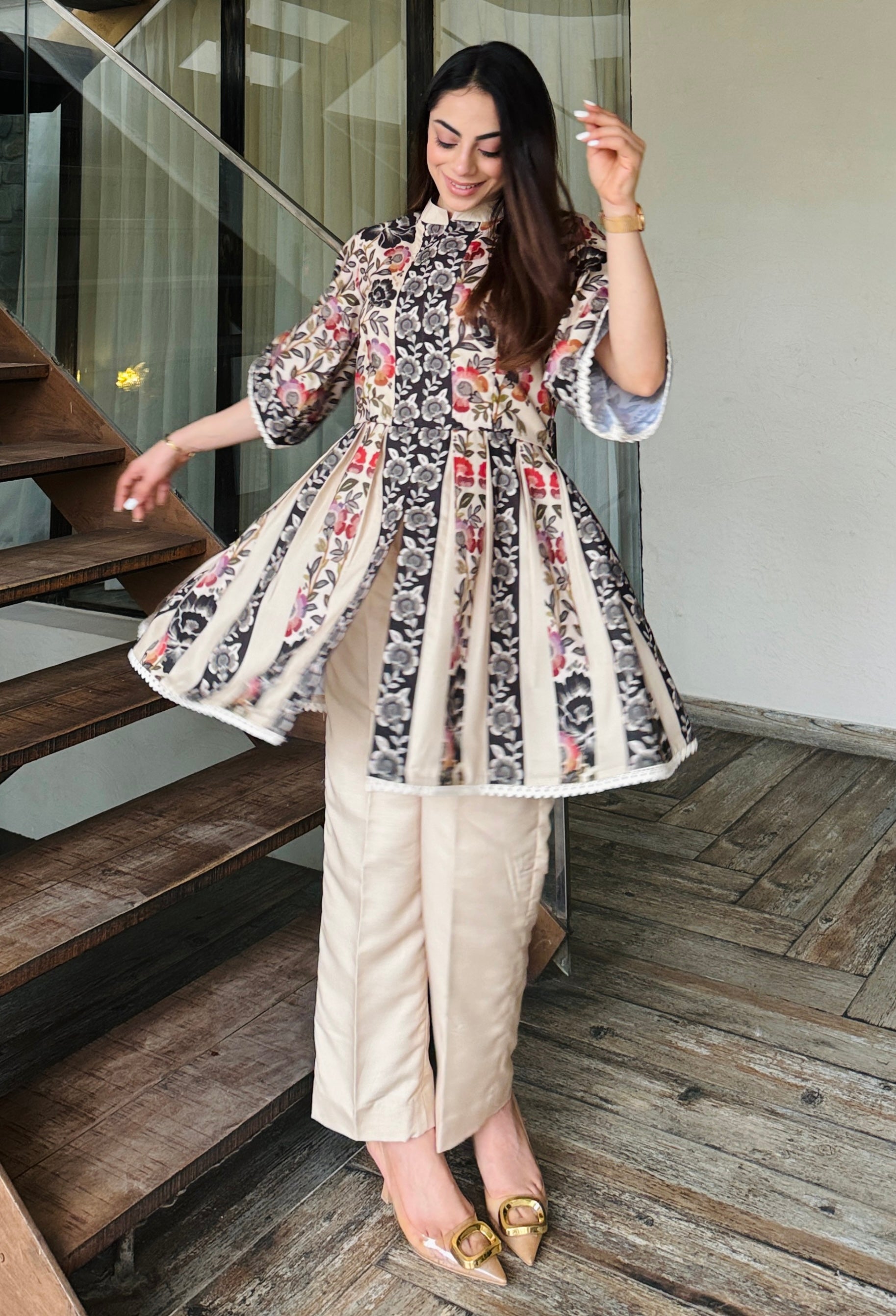 Beige Peplum Fusion Set