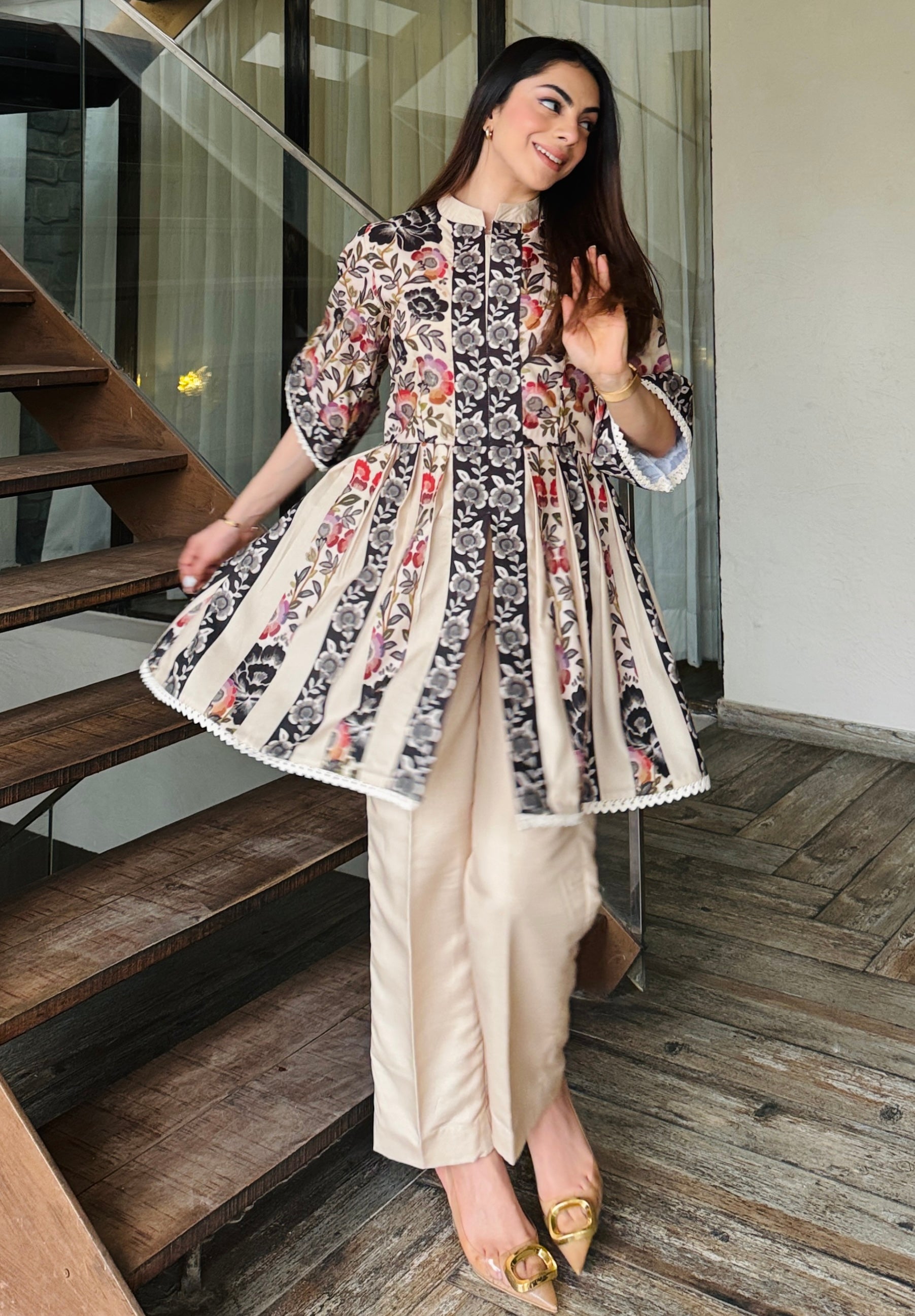 Beige Peplum Fusion Set