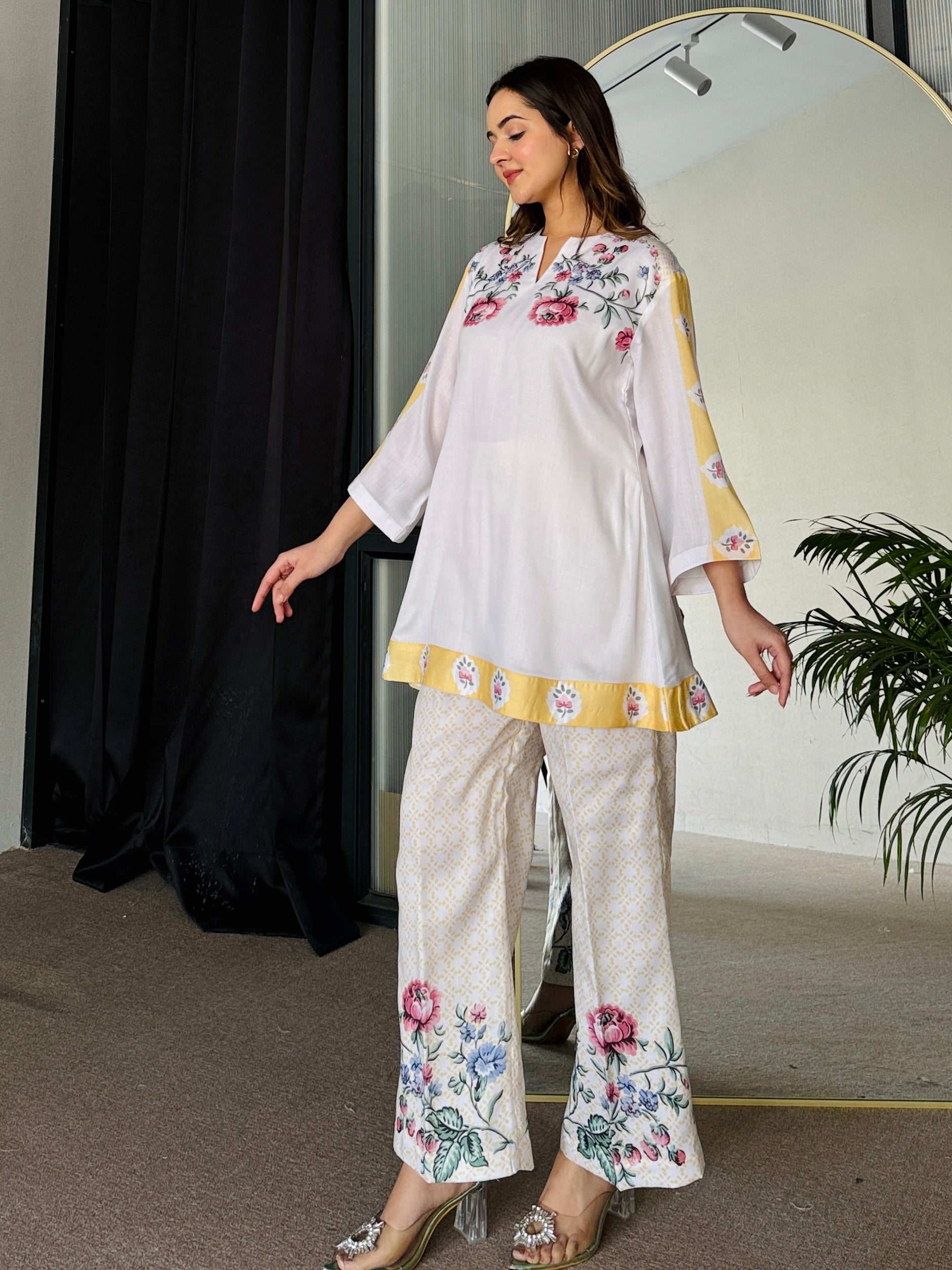 White Yellow Floral Kurta Set