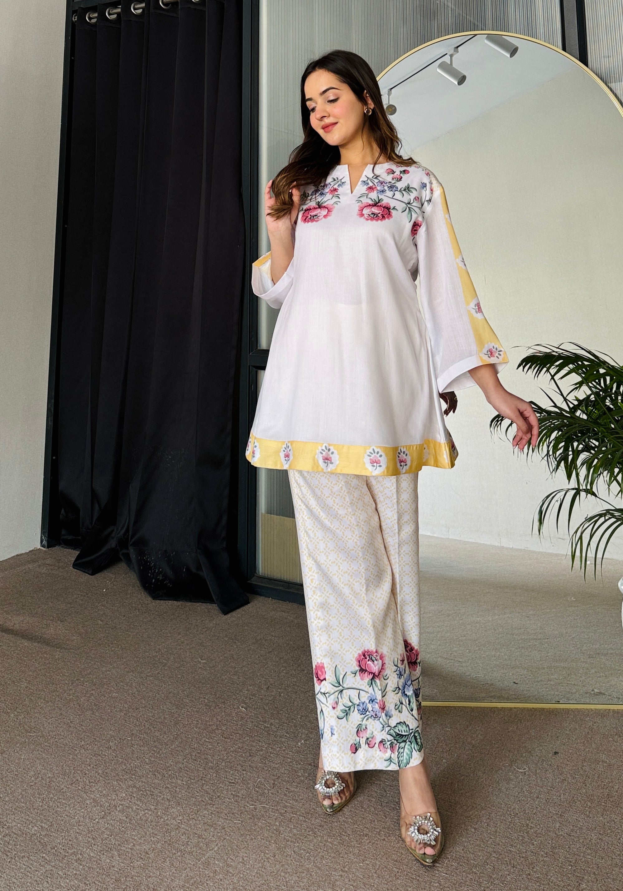 White Yellow Floral Kurta Set