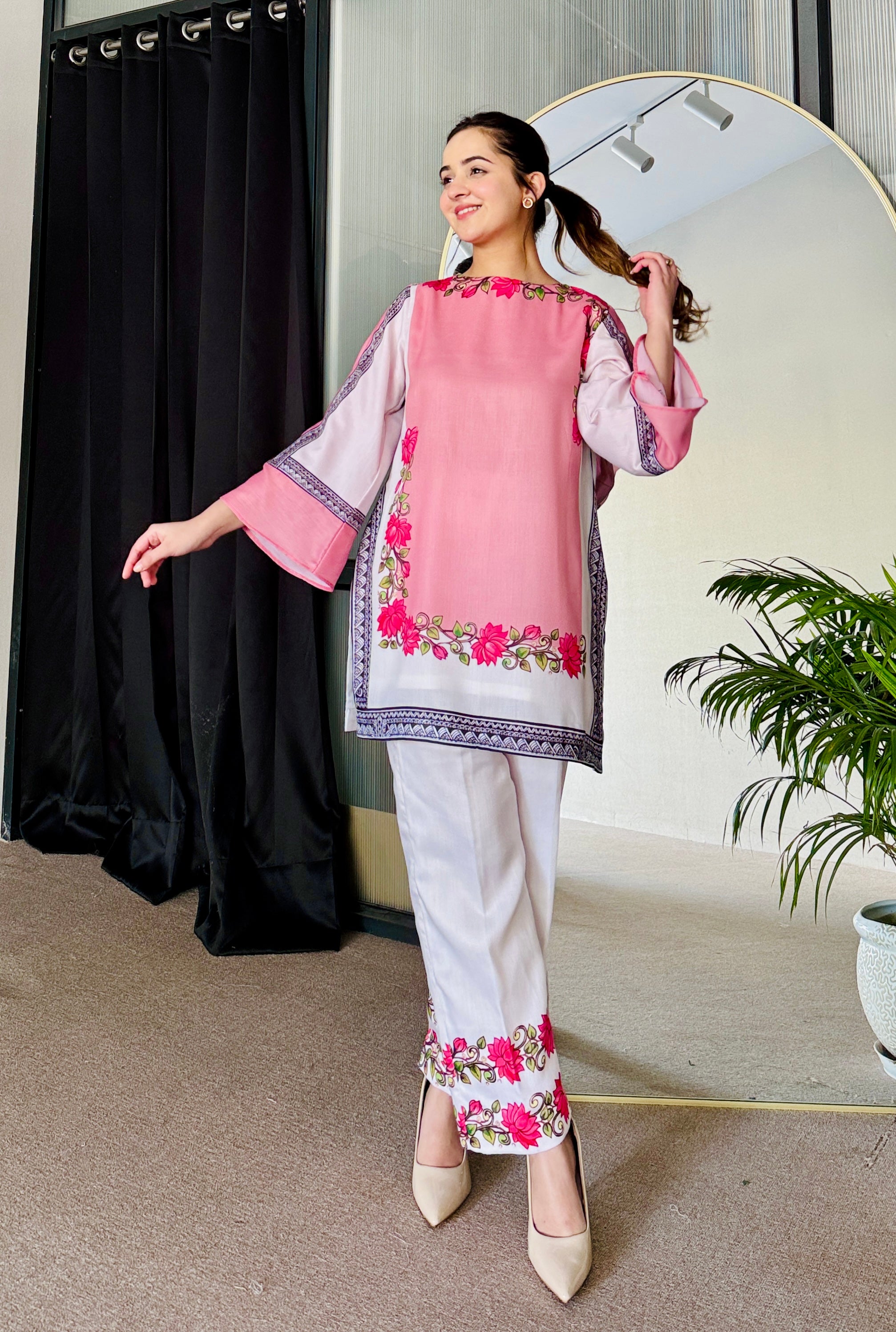 Pink White Kurta Set