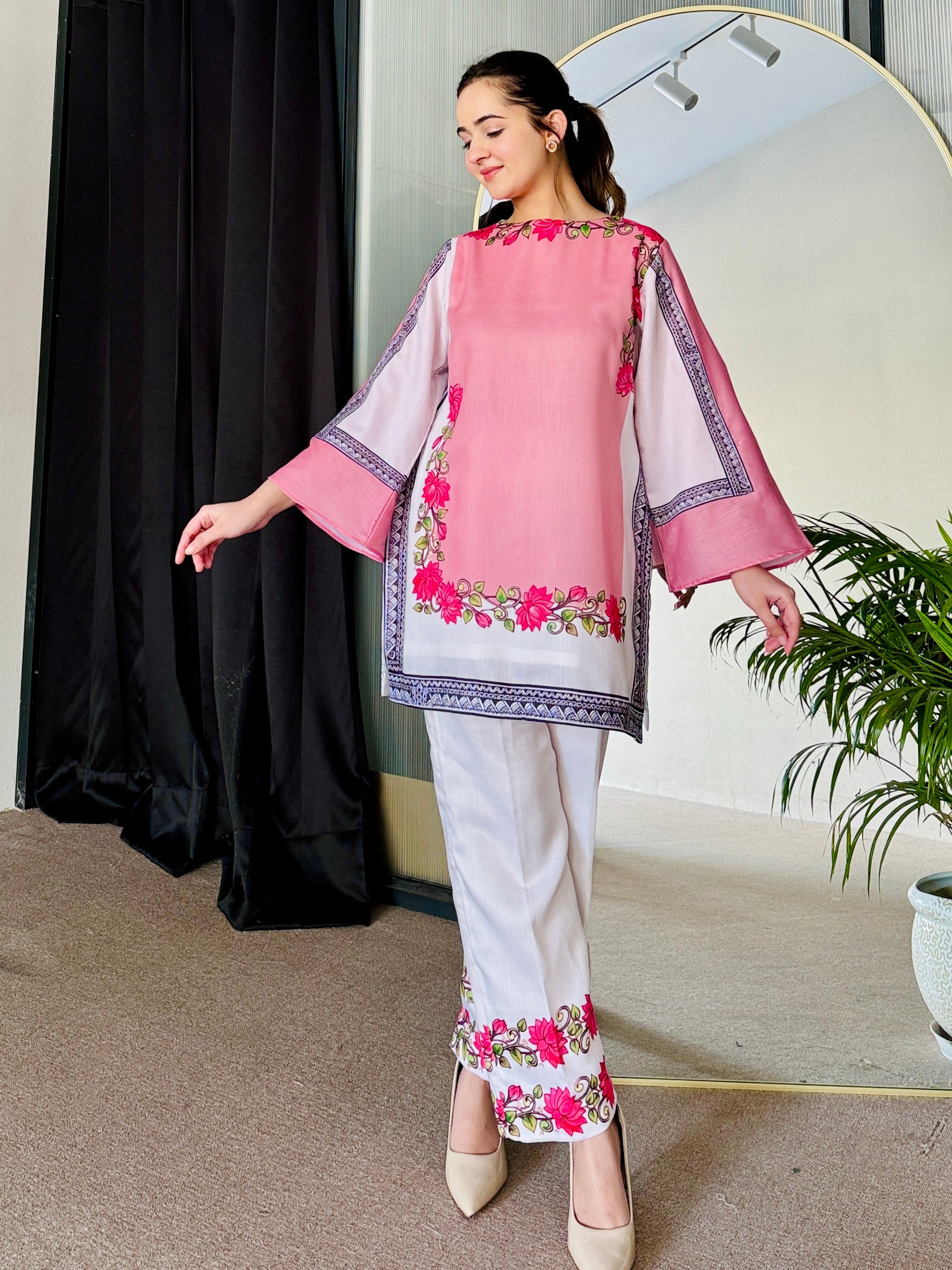 Pink White Kurta Set