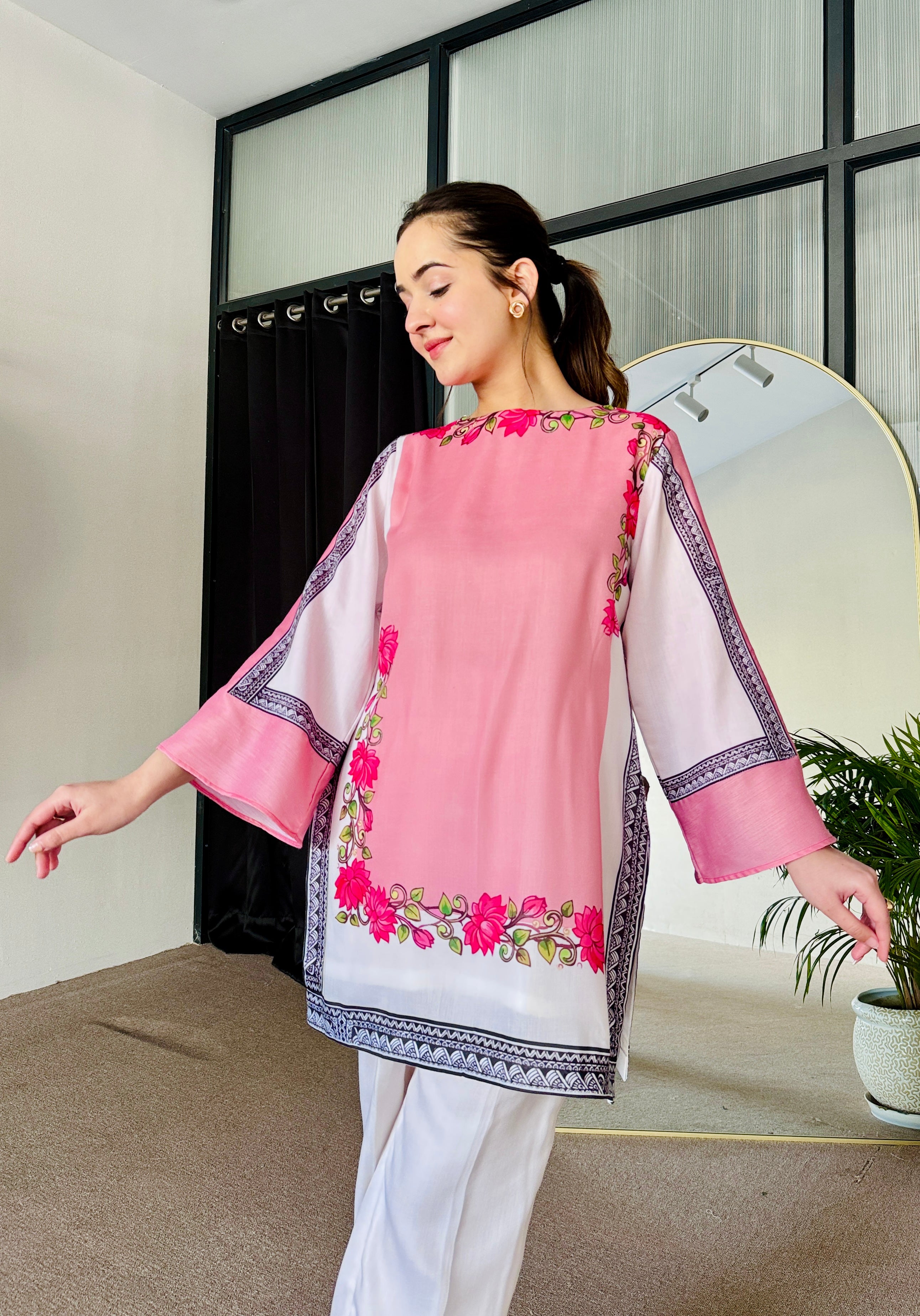 Pink White Kurta Set