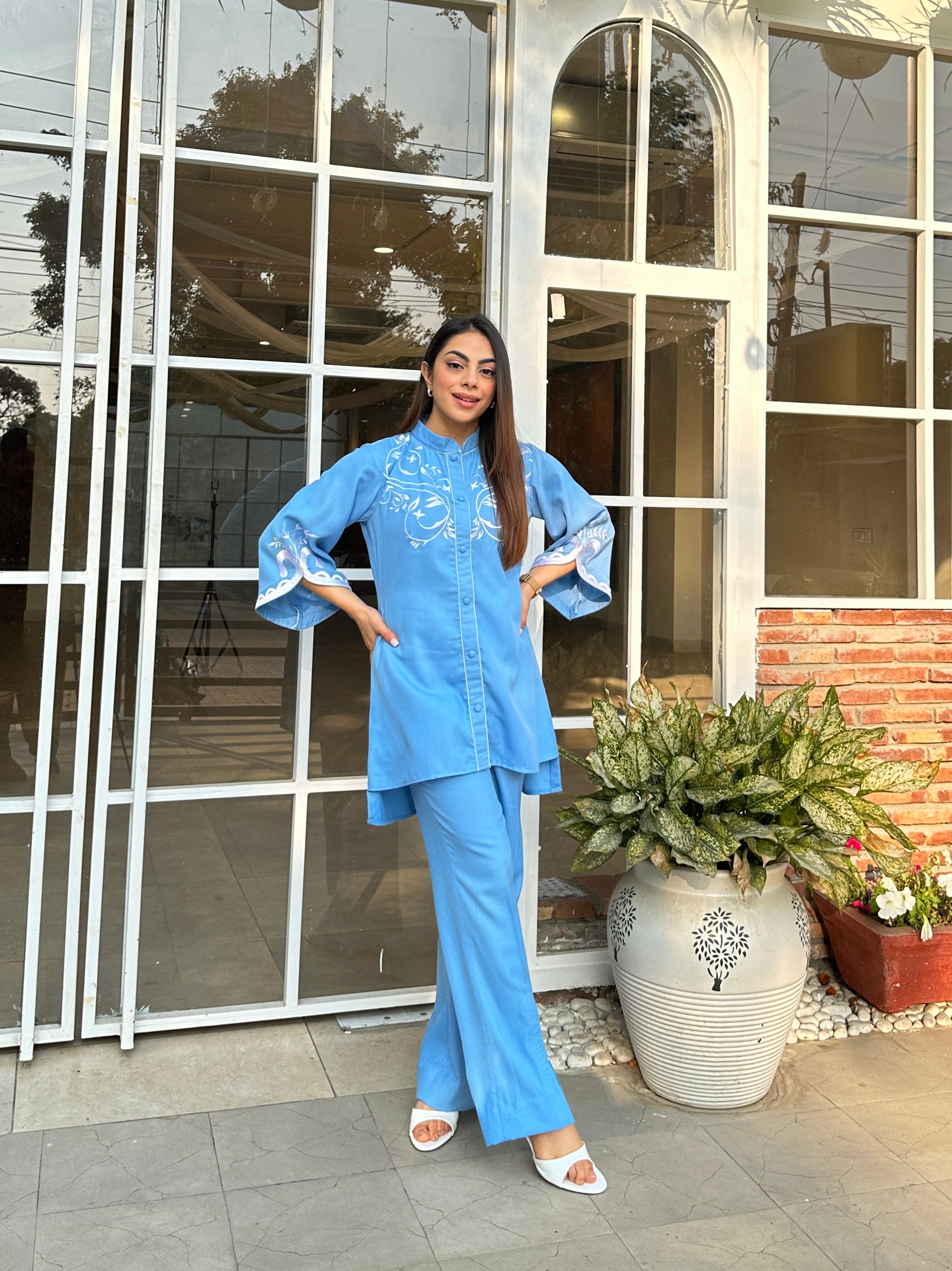 Denim Blue Embroidered Winter Fusion Set