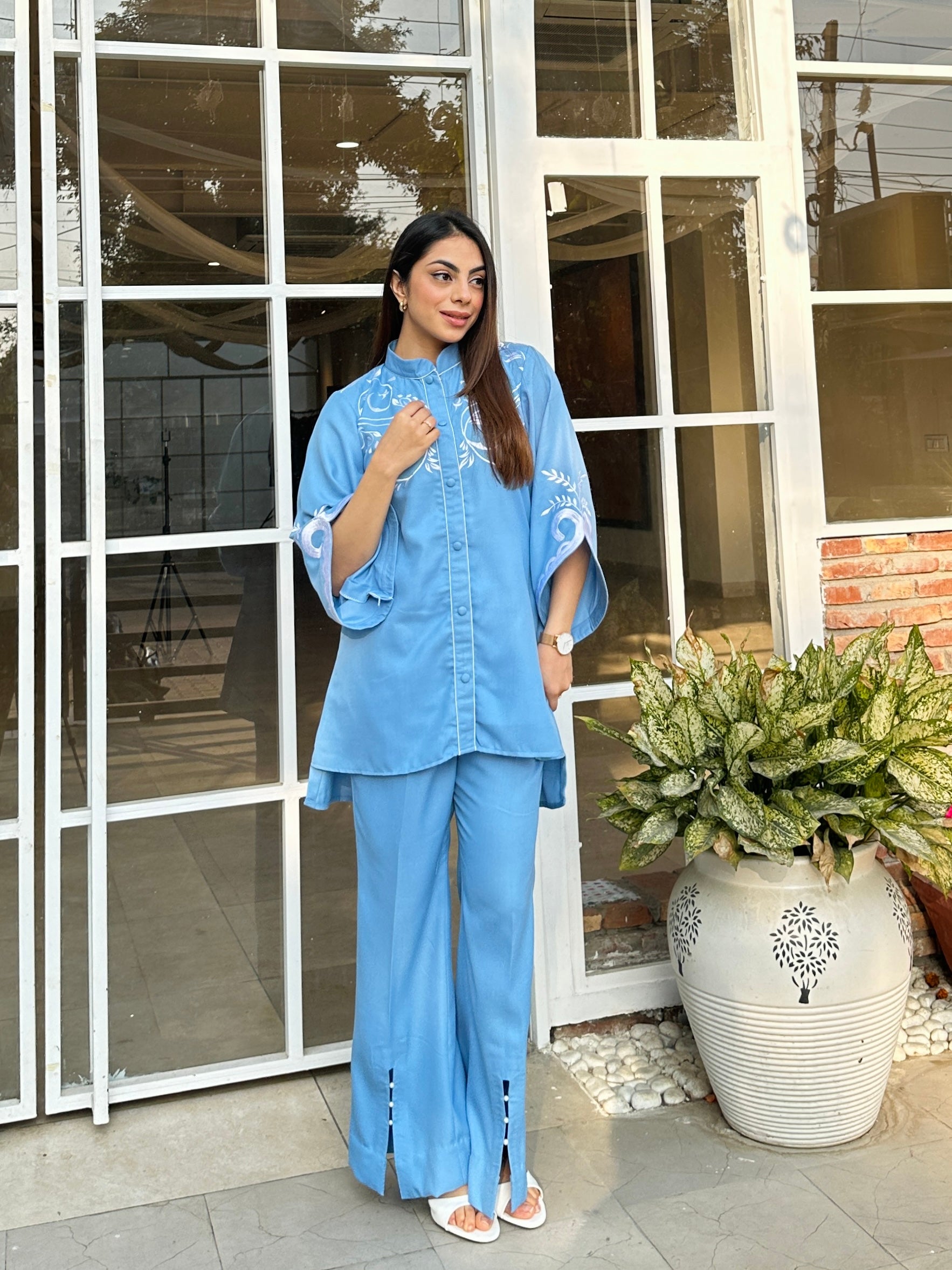 Denim Blue Embroidered Winter Fusion Set