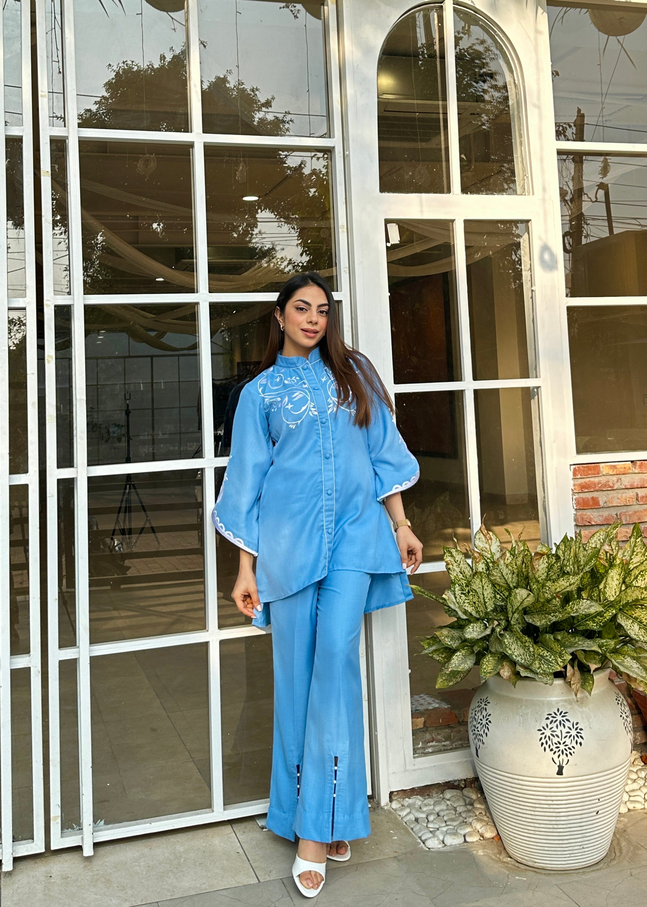 Denim Blue Embroidered Winter Fusion Set