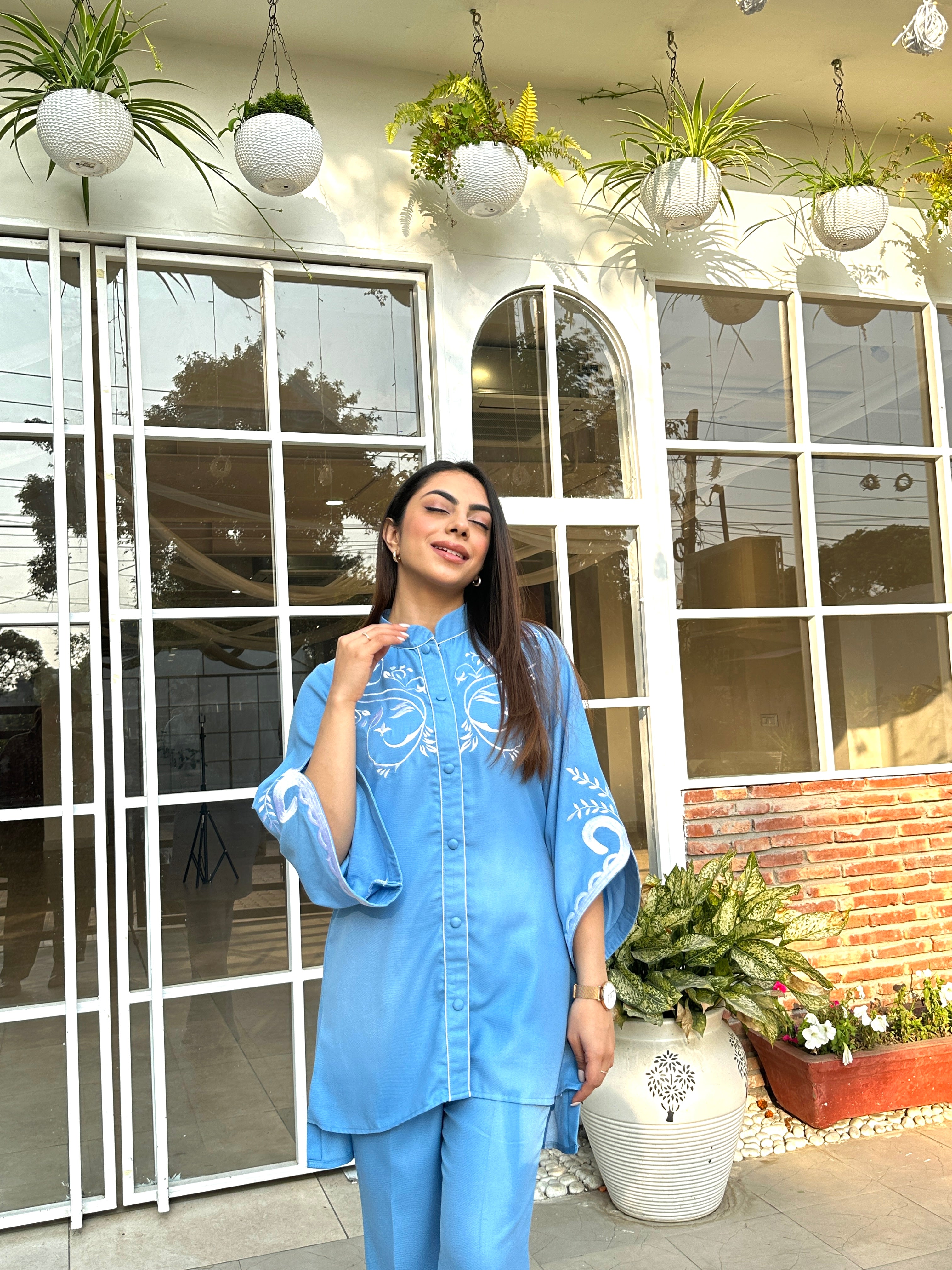 Denim Blue Embroidered Winter Fusion Set