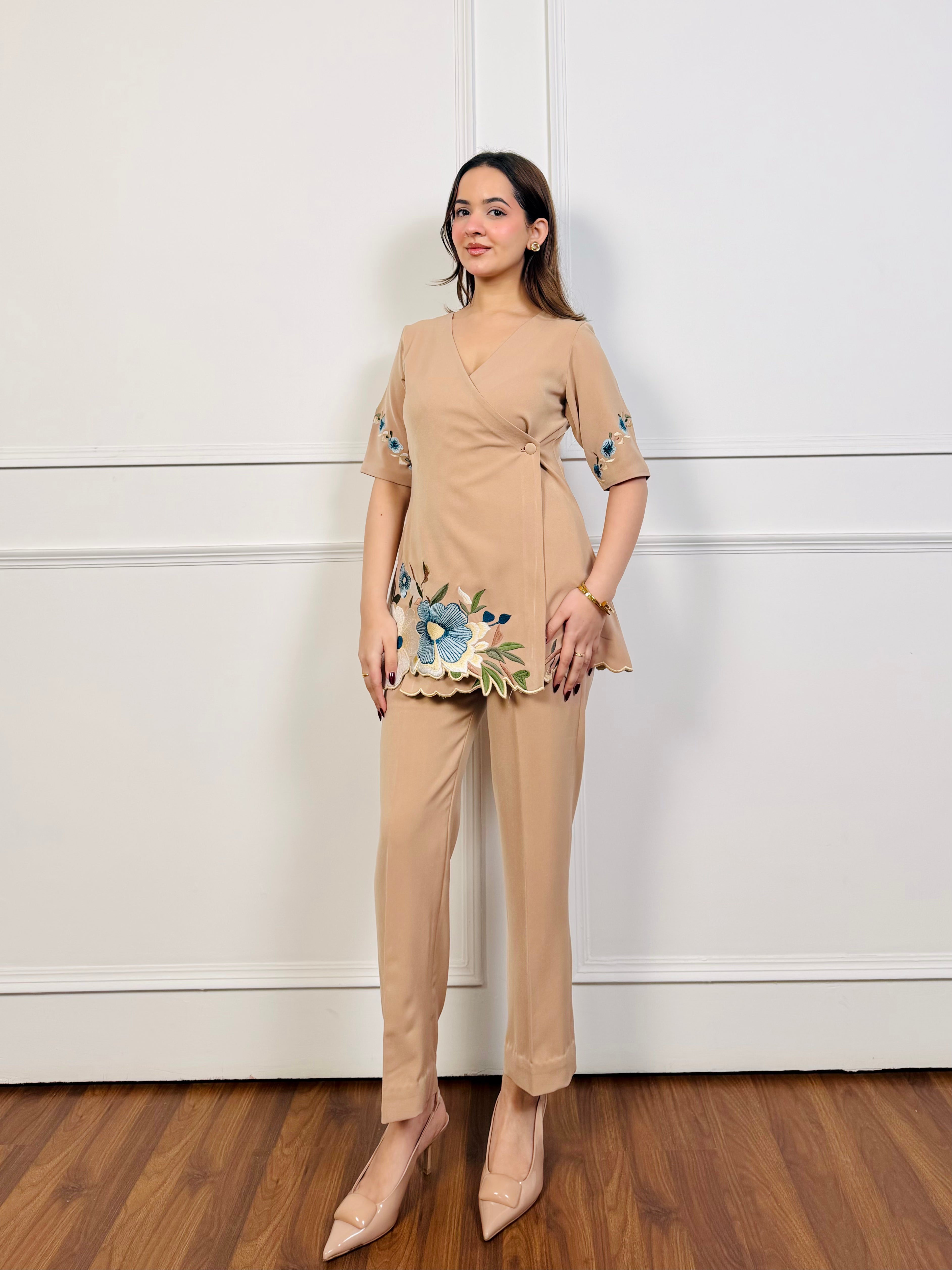 Beige Embroidered Co-ord Set