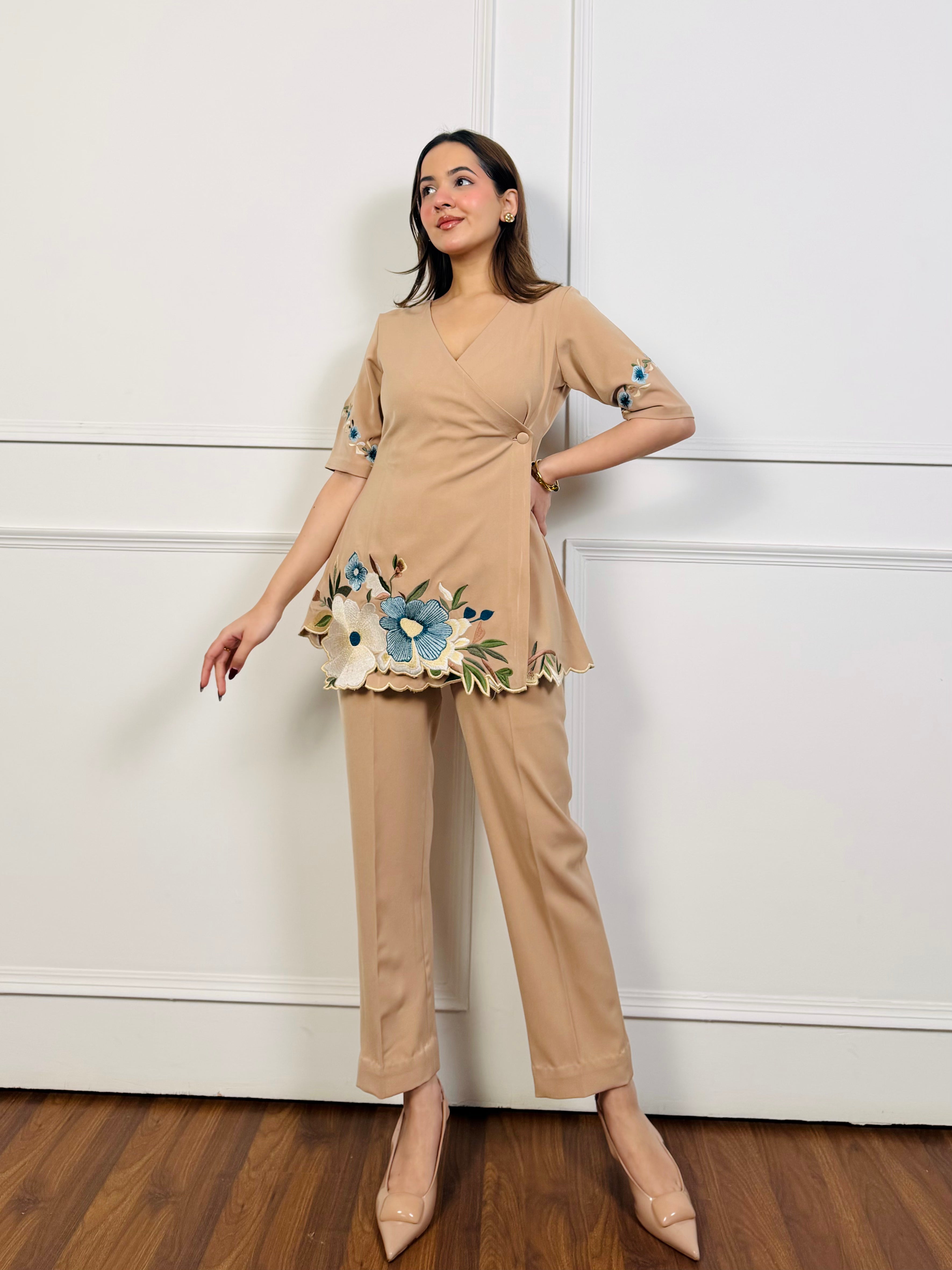 Beige Embroidered Co-ord Set