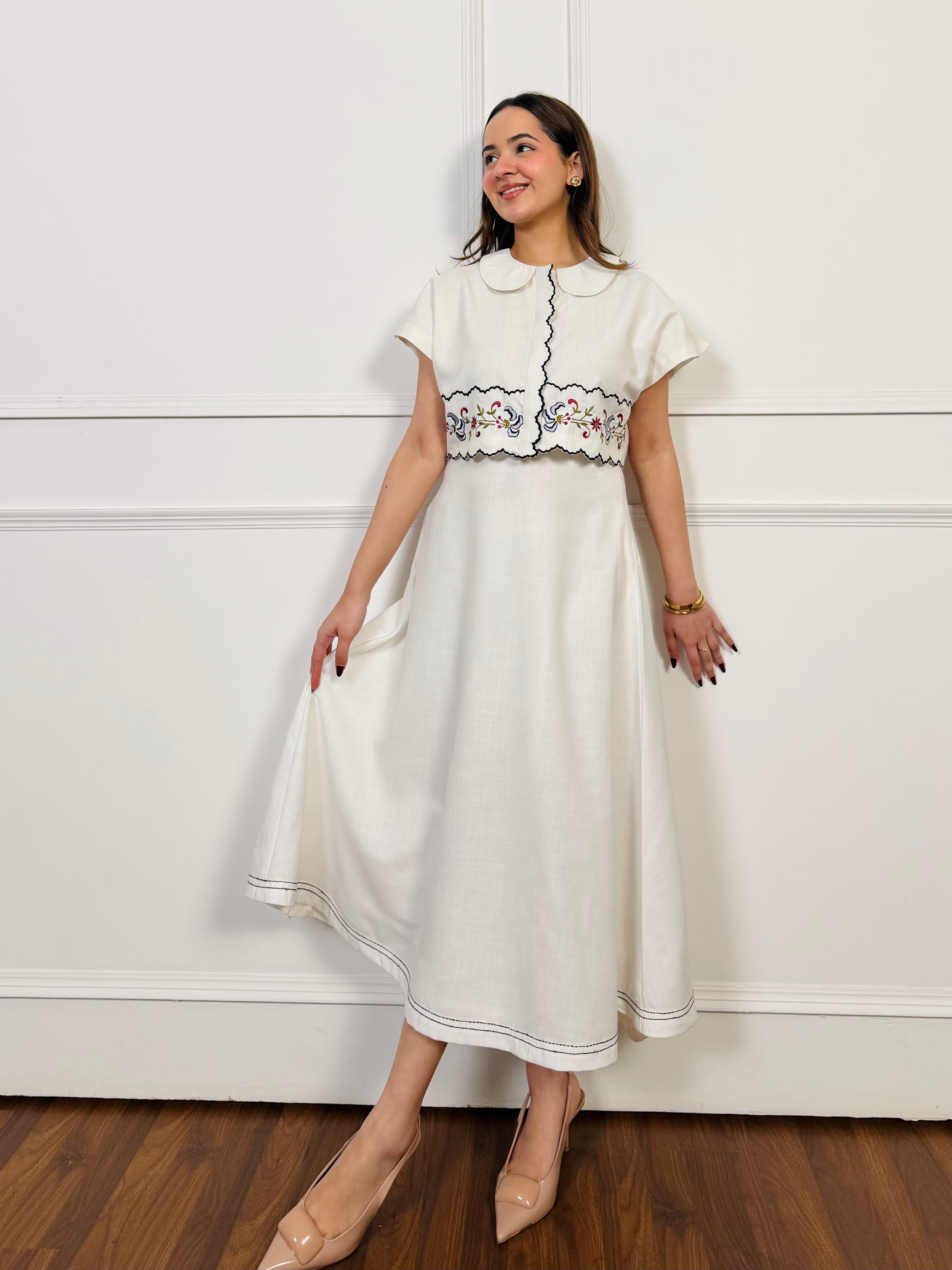 White Linen Embroidered Skirt Set
