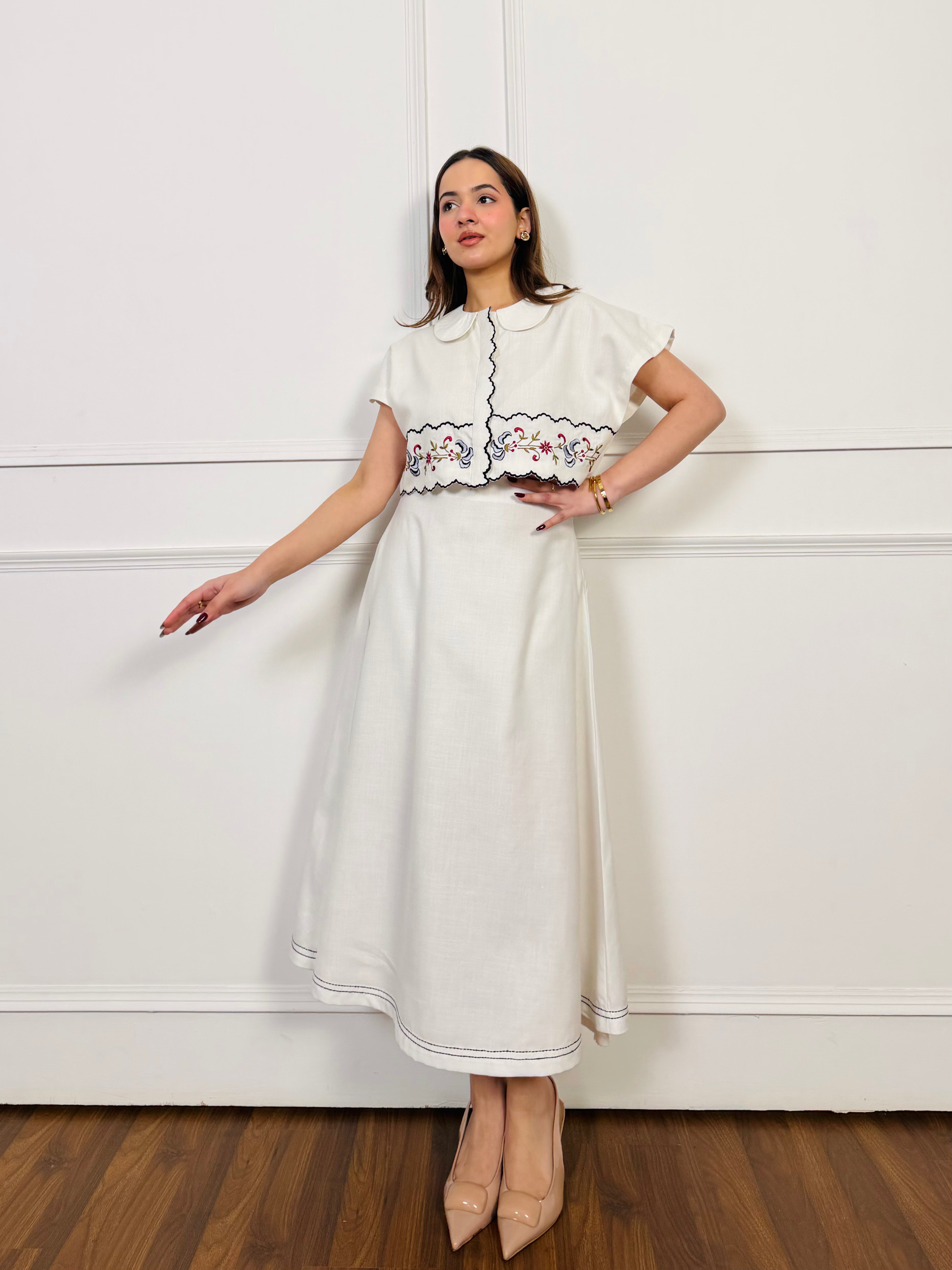 White Linen Embroidered Skirt Set