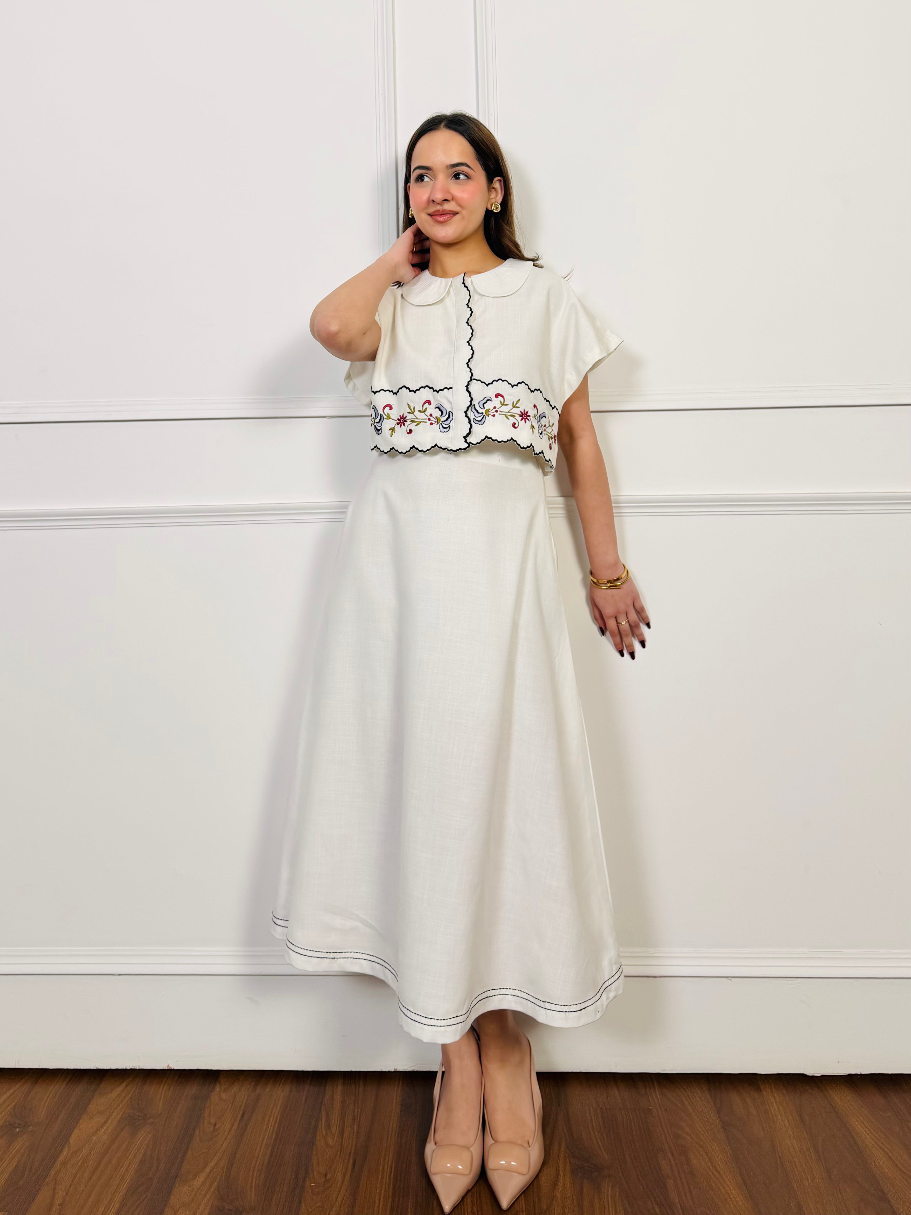 White Linen Embroidered Skirt Set