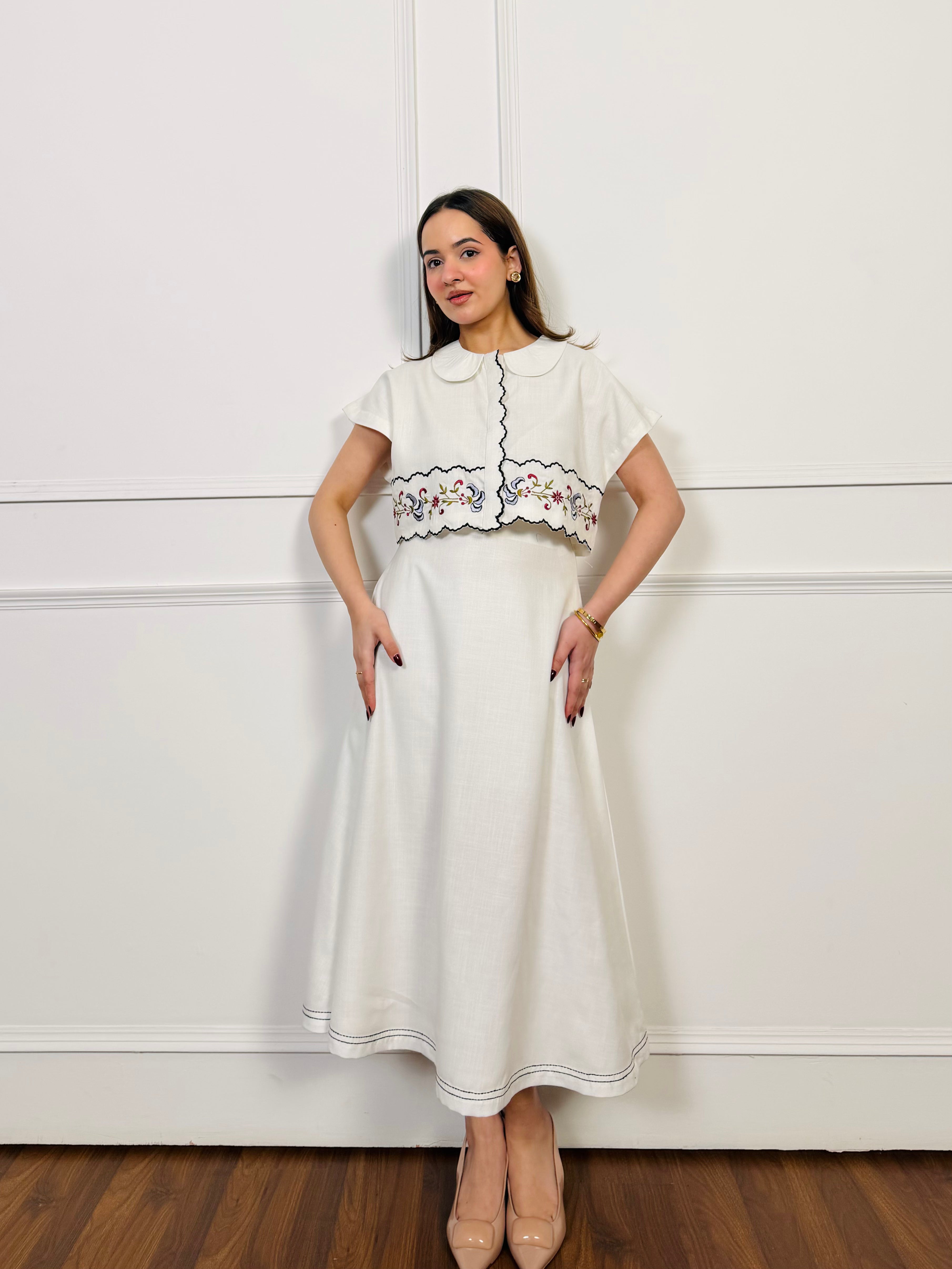 White Linen Embroidered Skirt Set