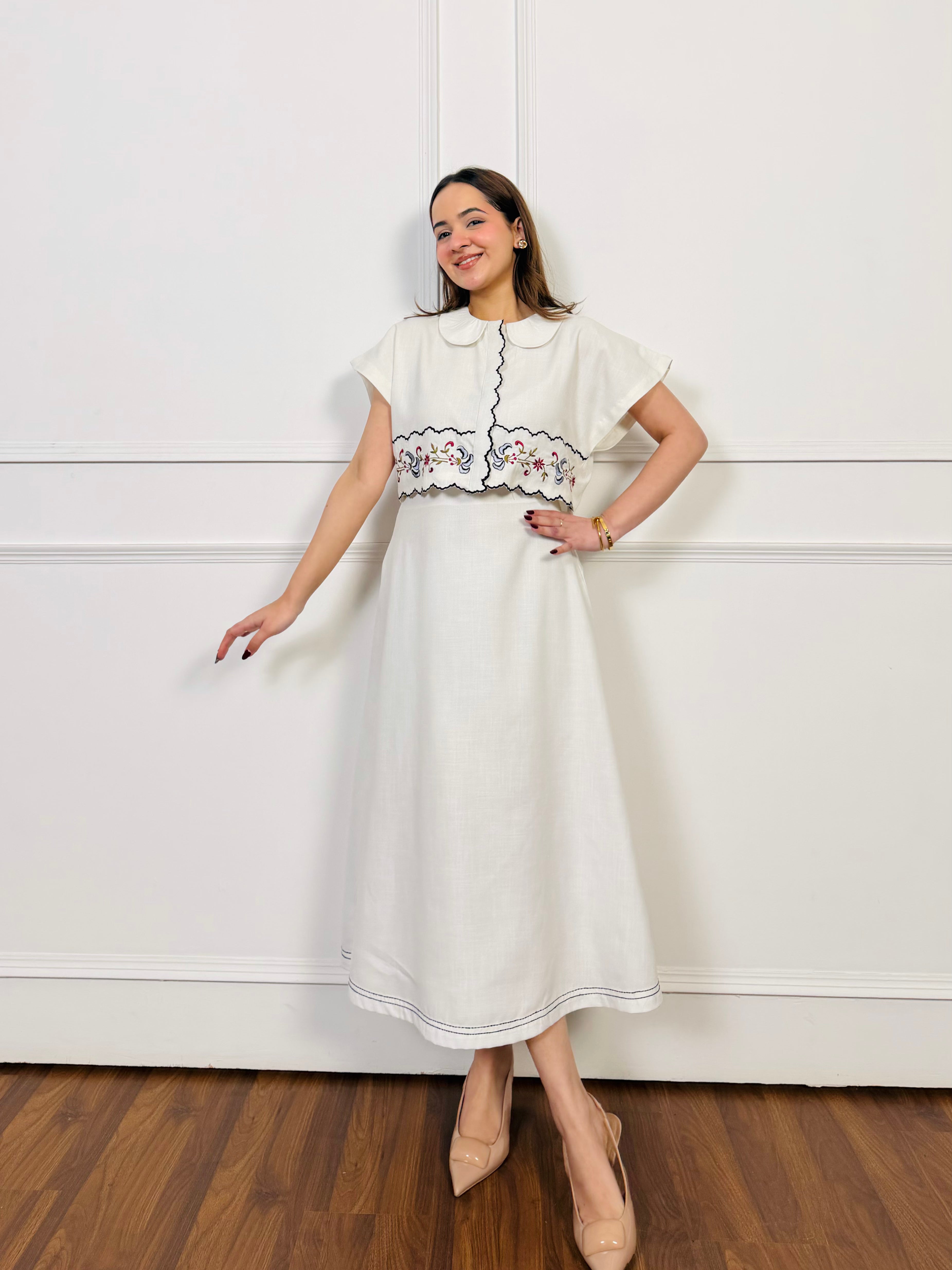 White Linen Embroidered Skirt Set