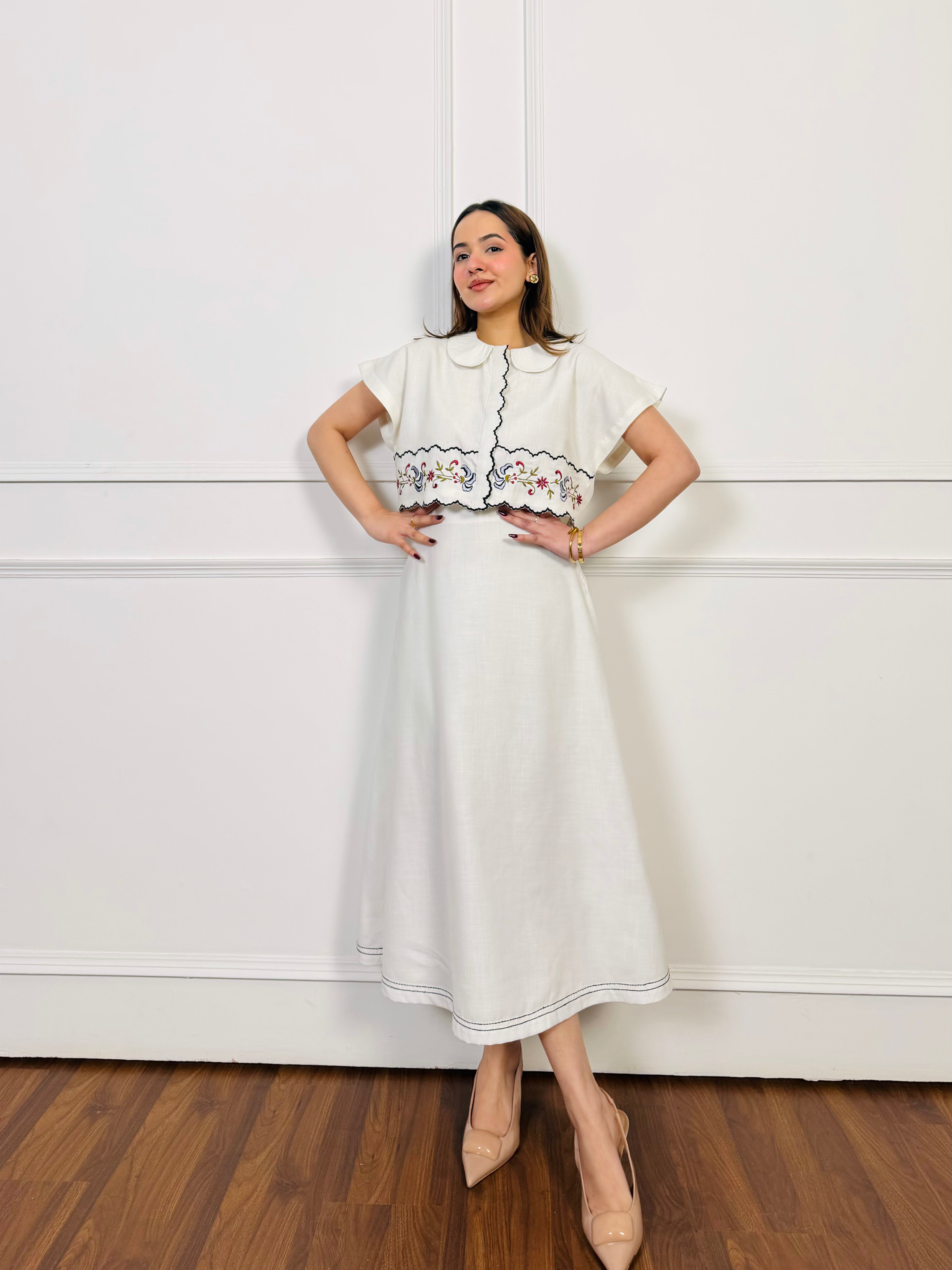 White Linen Embroidered Skirt Set