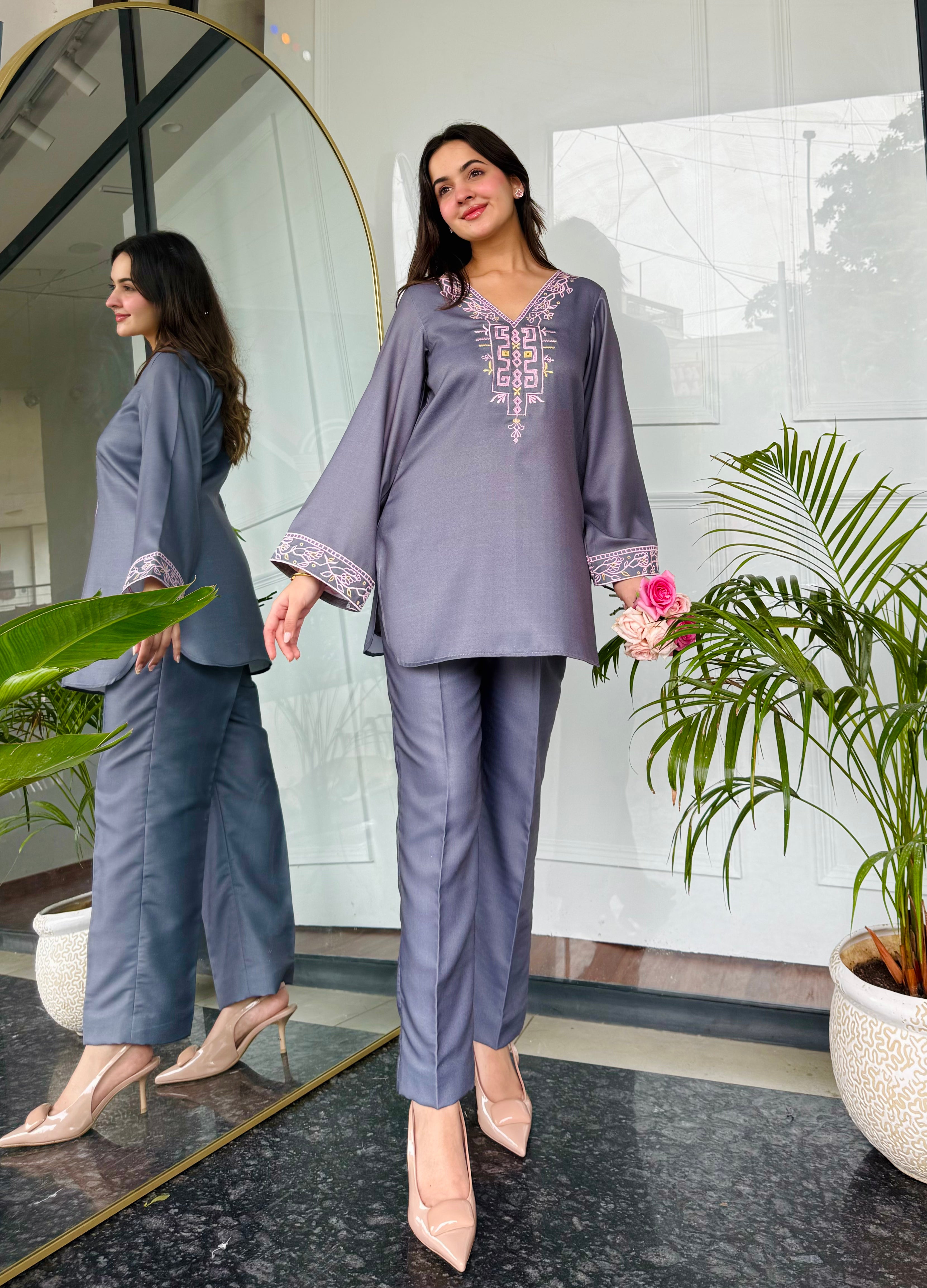 Gray Emnroidered Kurta Set