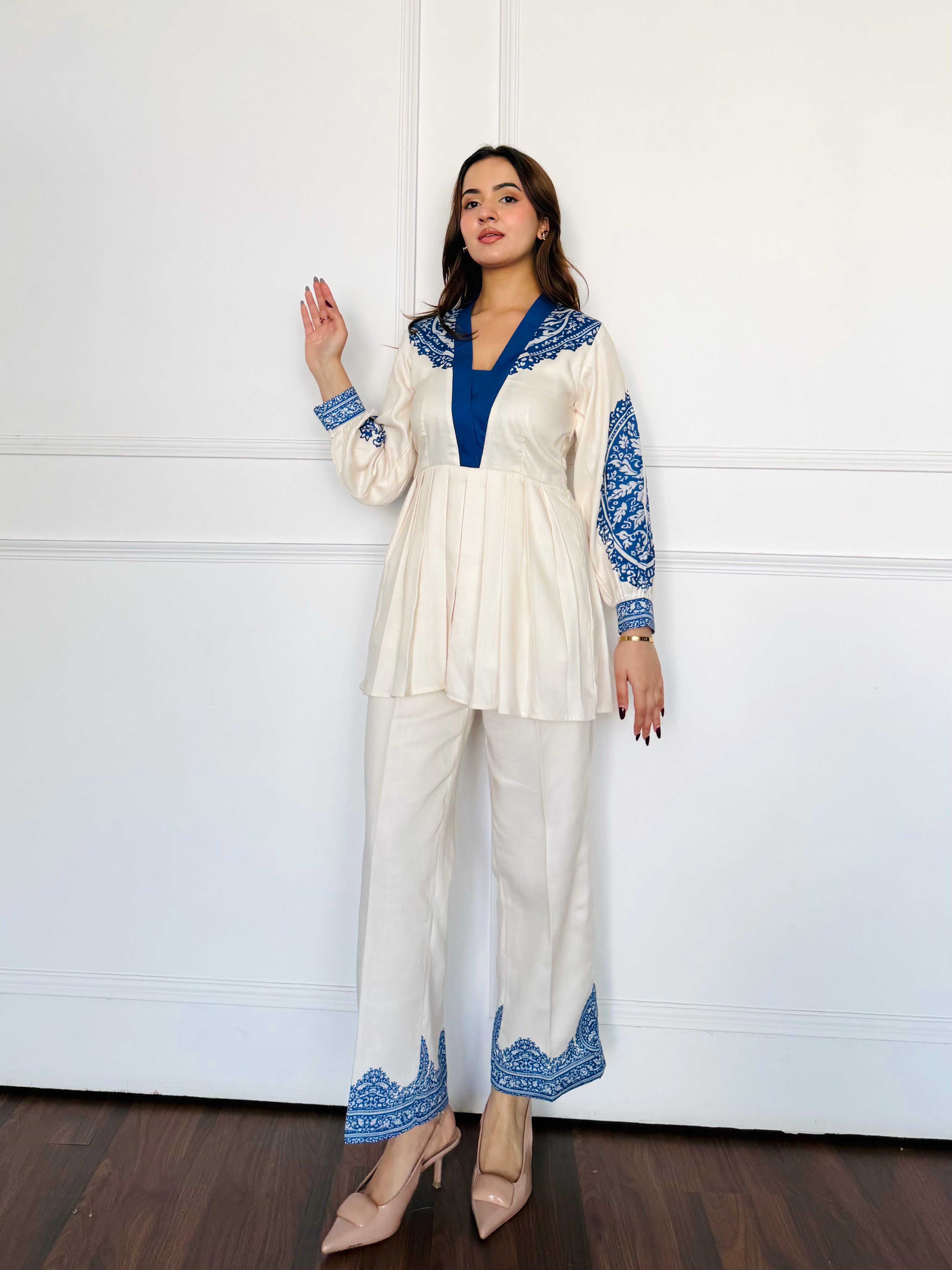 Ivory & Blue Peplum Fusion Set