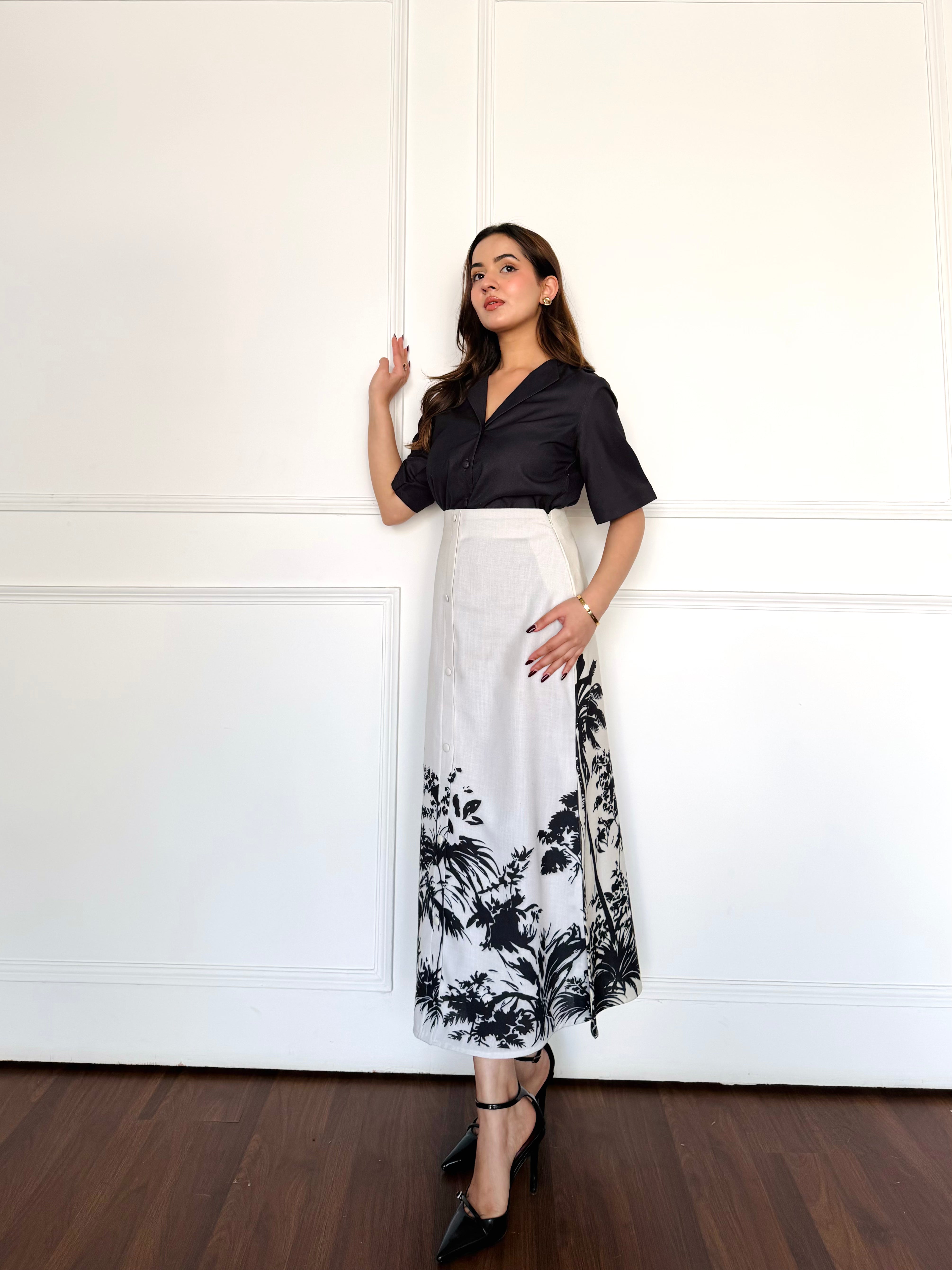 Black & White Tropical Skirt Set